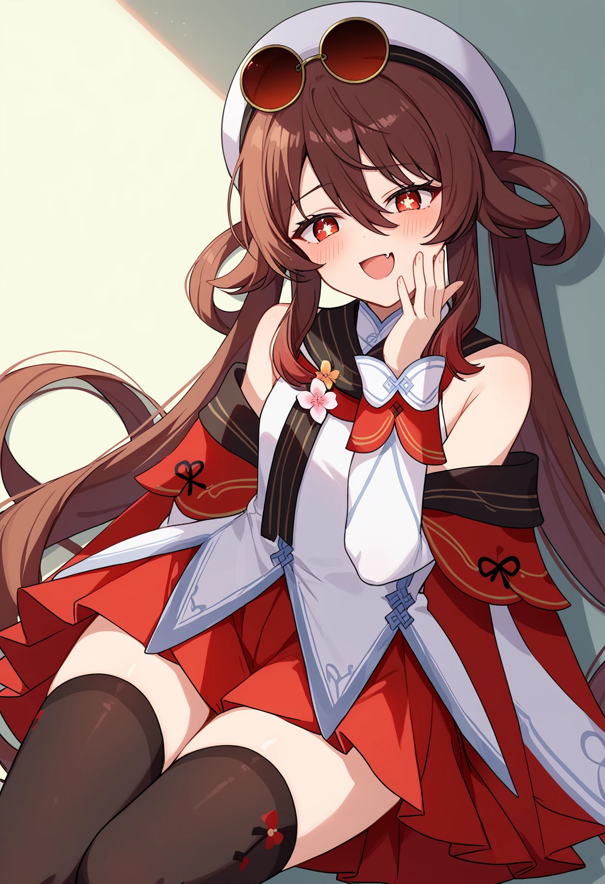 score_9, score_8_up, score_7_up, source_anime,
BREAK
1girl, solo, 
<lora:shiHuTaoCherryV1:1>,
shihucherry, alternate costume, official alternate costume, 
long hair, very long hair, 
brown hair, red eyes, twintails, flower-shaped pupils, hair between eyes, 
sunglasses, eyewear on head, tinted eyewear, 
white headwear, white hat, white shirt, bare shoulders, off shoulder,  detached sleeves, 
white dress, red skirt, black thighhighs, 
<lora:shiMesugakiV1:0.65>, shimesugaki, mesugaki, open mouth, smile, blush, fang, looking at viewer, hand up,