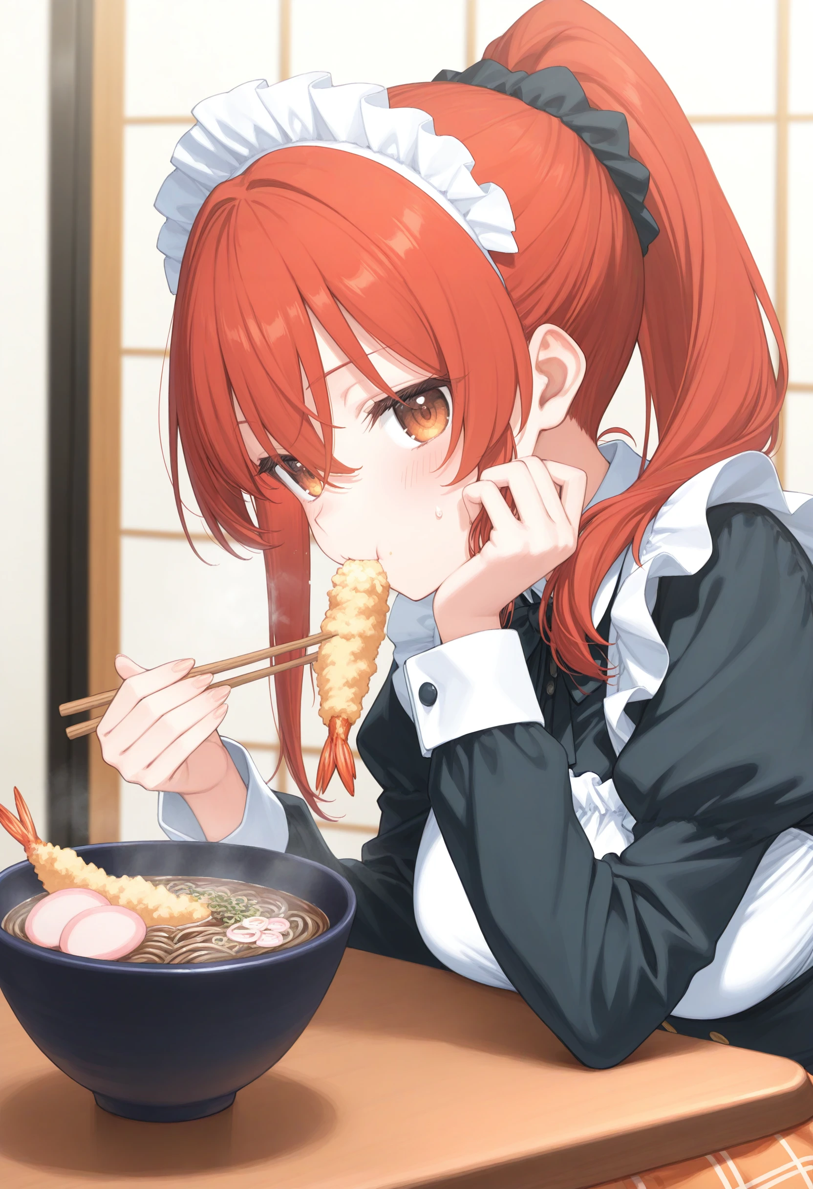 1girl,(sho \(sho lwlw\):0.7),(toosaka asagi:0.5),(sincos:0.3),solo,
masterpiece, best quality, newest, absurdres, CG, anime, source anime, illustration,
maid, maid headdress,medium breasts,
soba, table, eating, kotatsu, noodles, holding chopsticks, bowl, long sleeves, shrimp tempura, steam, kamaboko, food in mouth, hand up,  <lora:soba_Illust_v1:0.8>
from side, upper body, looking at viewer, red hair, brown eyes,pain, closed mouth, front ponytail hair,