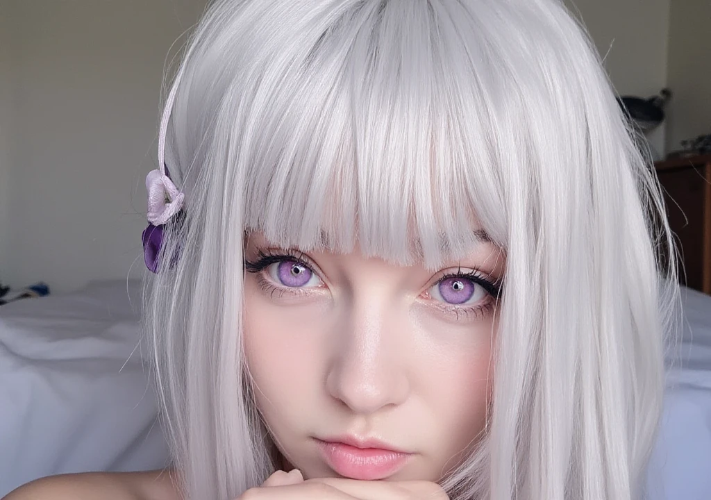 RealEmiliaFlux, purple eye, white hair, <lora:RealEmiliaFlux:1>