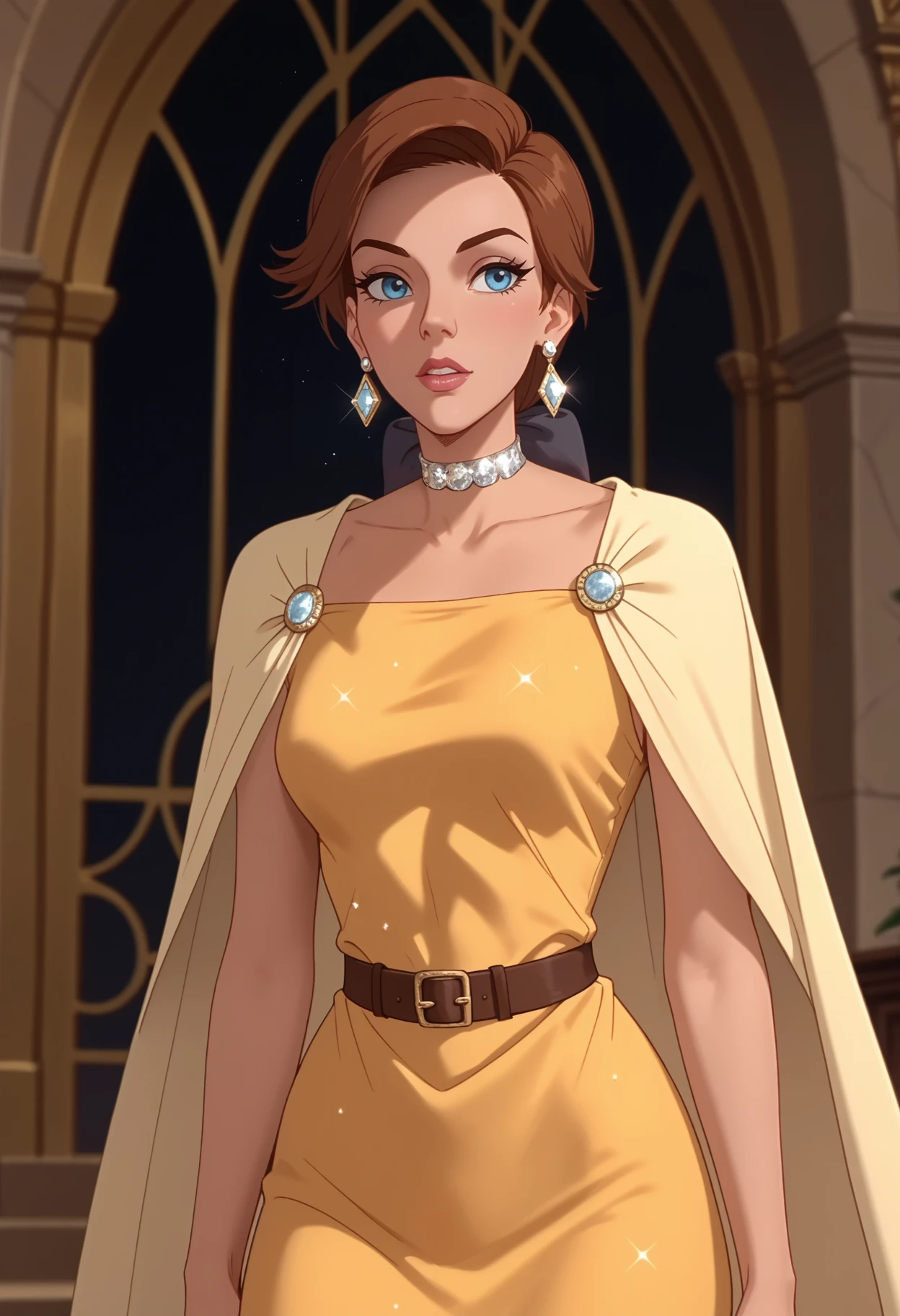 score_9, score_8_up, score_7_up, score_6_up, score_5_up, <lora:NM_anastasia:1>, BREAK NM_anastasia, 1girl, dark skin, solo, dark-skinned female, dress, jewelry, brown hair, earrings, blue eyes, choker, cape, yellow dress