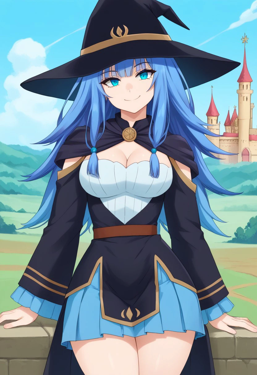 charlotte_wraith, blue eyes, blue hair, mage, black hat thick waist, thick thigh, seductive smile, head tilt, glistening, meadow, castle, sunny day, csr style, mammoth_metal_style