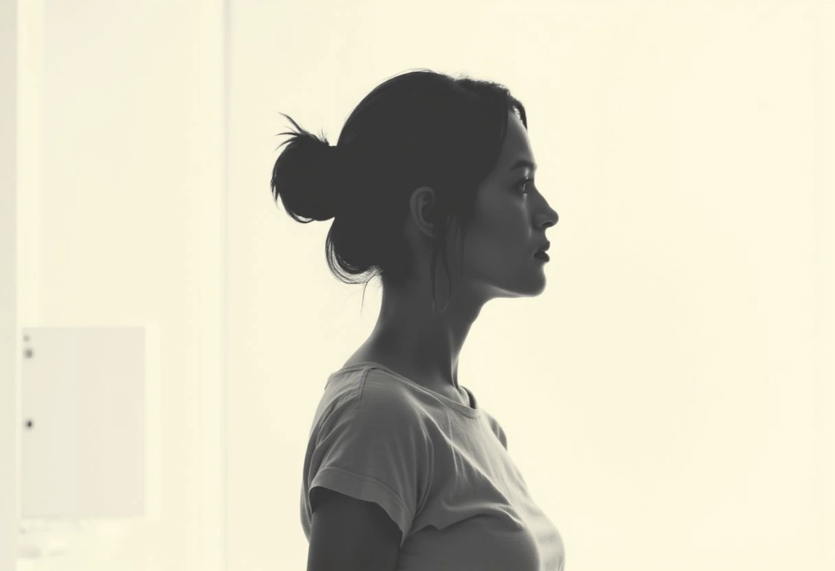 an aesthetic, minimalist depiction of a female profile in side view. she wears a t-shirt. The focus is on the soft contours and calm, monochromatic tones. The scene feels mystical and dreamy, almost as if viewed through a delicate mist, with gentle light accentuating the silhouette. The background is diffuse and creamy white, drawing attention to the elegant simplicity of the figure.