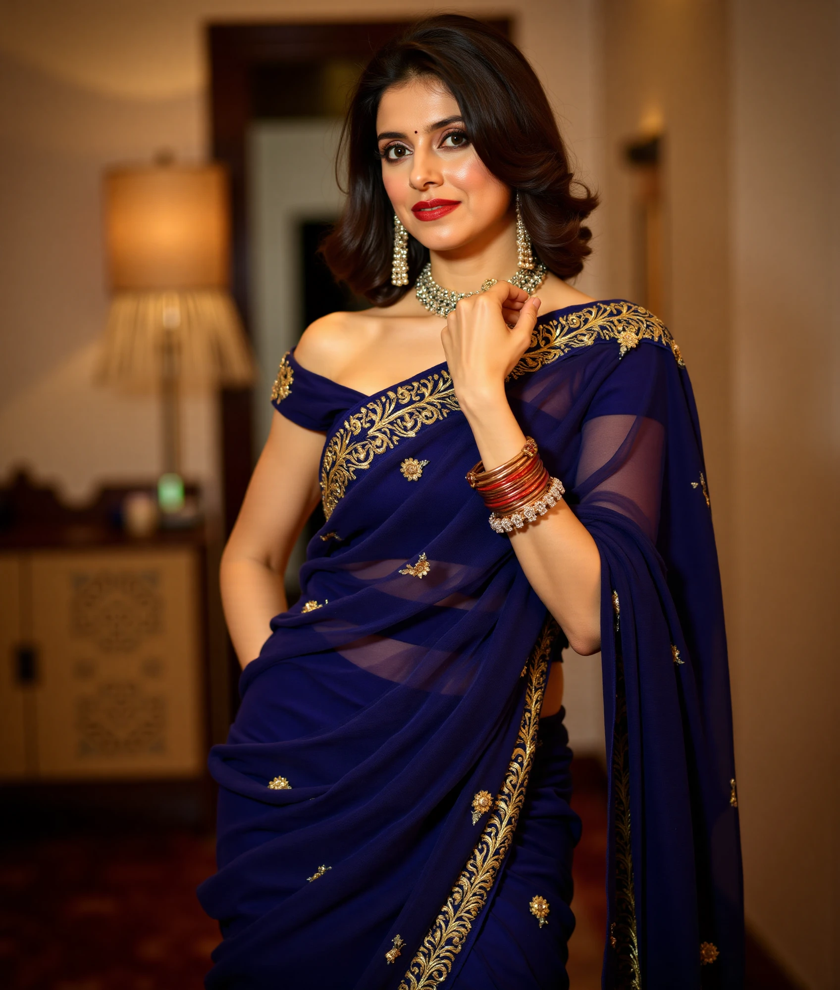 A stunning woman divyak poses gracefully in an elegant saree, draped in a deep, luxurious shade of royal blue with intricate golden embroidery along the borders and pallu. She wears an off-shoulder blouse that complements the saree, emphasizing her toned shoulders and arms. Her bold yet tasteful makeup features smoky eyes, defined brows, and classic red lipstick. Soft waves cascade over her shoulder, and she accessorizes with delicate bangles, a statement necklace, and long earrings. The softly lit background is a classic indoor setting with elegant decor, adding depth and a warm, inviting ambiance to the scene.