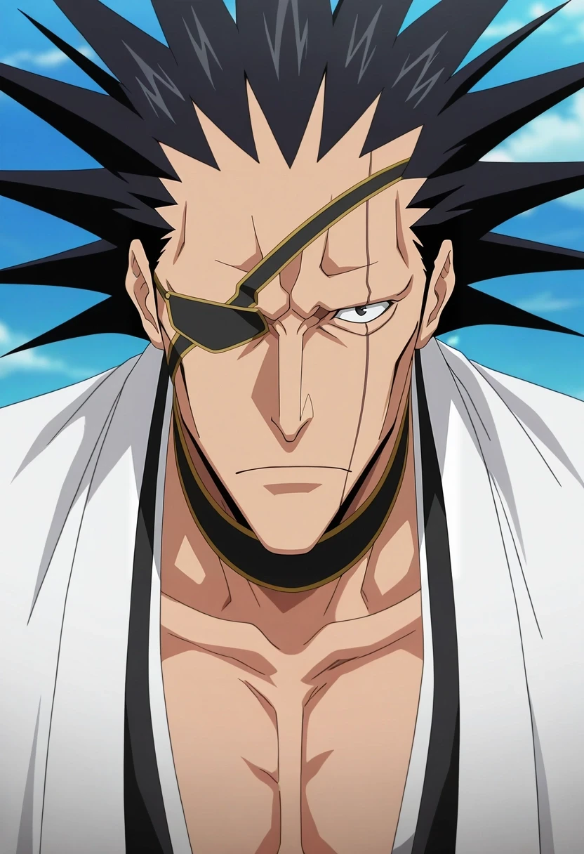 masterpiece, best quality, , anime screencap, anime coloring, official style, looking at viewer, , 1boy, solo, male focus, <lora:kenpachi_zaraki_ilxl:0.92>, kenpachi_zaraki, black hair, black eyes, spiked hair, , eyepatch, , ,