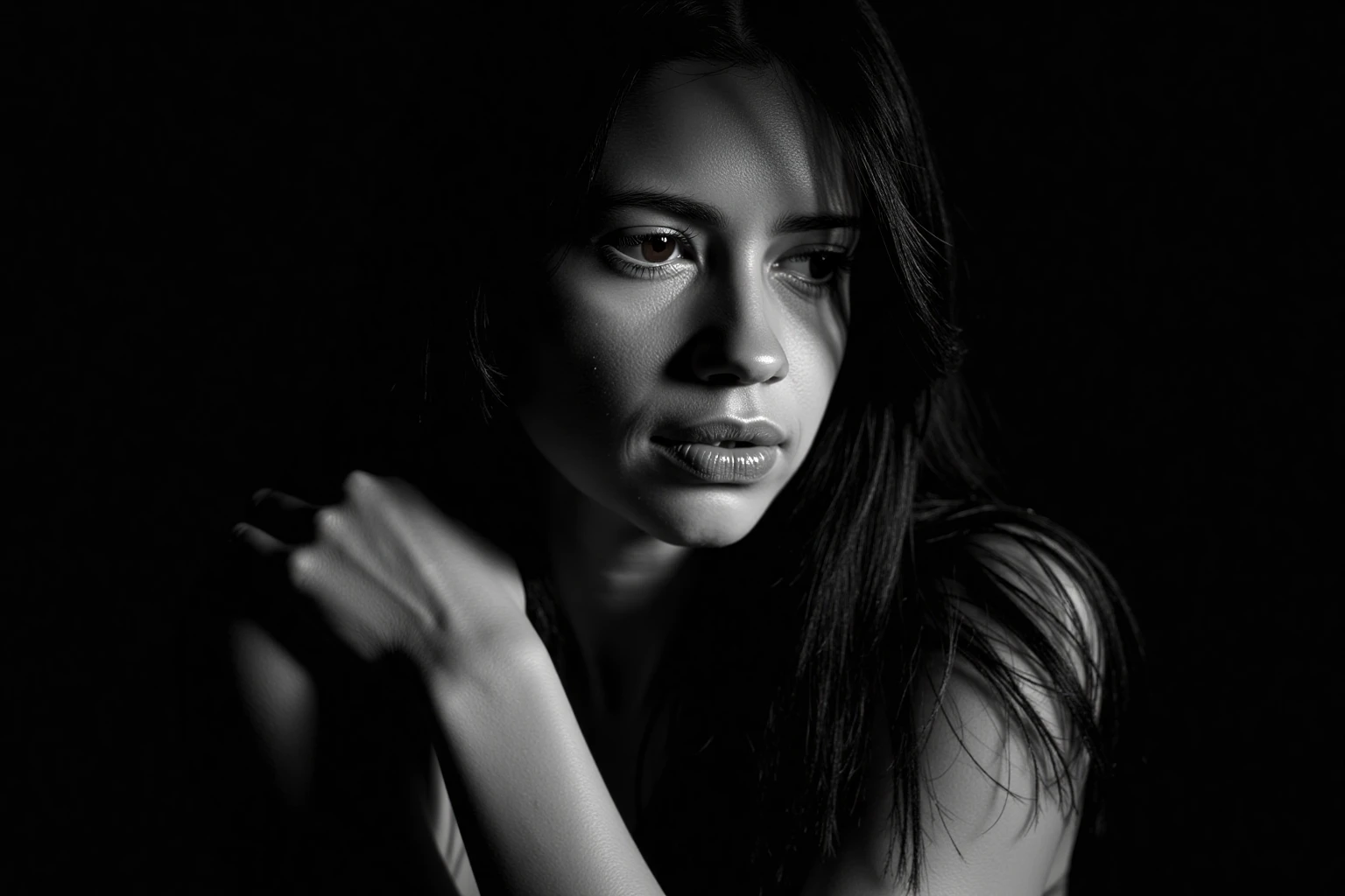  Close-up monochrome portrait of kalkikoechlinukohwx.  Light captures the face, while the rest of the body and surrounding environment are intentionally obscured in shadow.  The subject is positioned in a three-quarter view, her gaze directed slightly downward. Her expression is pensive, conveying a quiet introspection and a touch of melancholy.  Long, flowing hair falls over her shoulder, with subtle highlights suggesting movement or texture.  The woman's features are subtly defined, allowing the play of light and shadow to shape her face.  Her lips are slightly parted, and her eyes are softly focused, reflecting contemplation.  The composition emphasizes the interplay of light and shadow, creating a dramatic chiaroscuro effect.  The image is evocative of classic portraiture, using a style reminiscent of  photographic noir. Soft, diffused lighting emphasizes the subject's emotional depth. The background is completely black, focusing viewers' attention solely on the subject. The overall mood is somber, quiet, and contemplative, leaning towards a dramatic, somewhat melancholic atmosphere.
