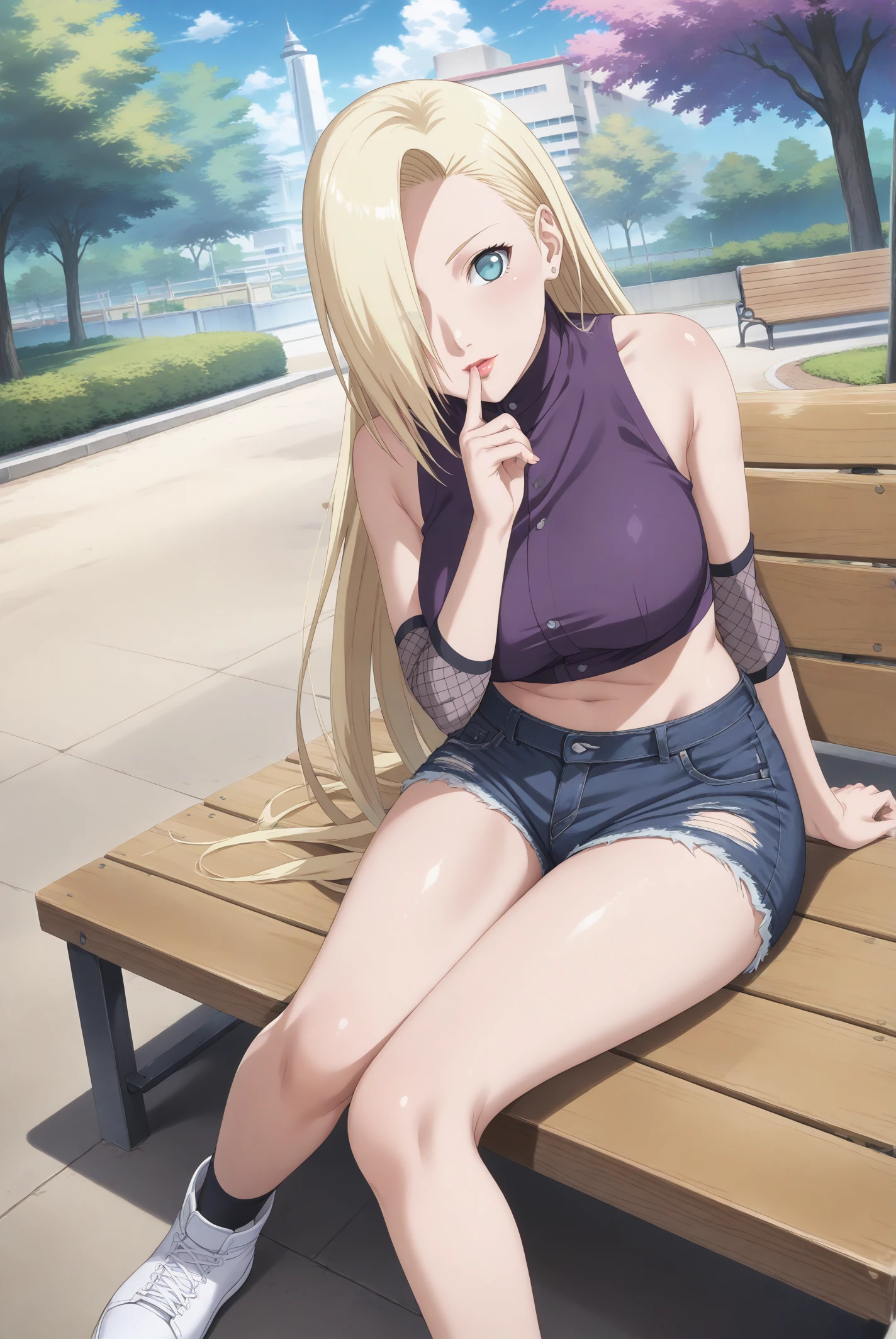 score 9, score 8 up, score 7 rating_safe, high res image, masterpiece, best quality, source anime, intricate details, anime screencap, official style, solo, 1girl, ino yamanaka, blank period, florida outfit, long hair, hair over one eye, voluptuous, lipstick, cute face, clear skin, shiny hair, purple high-collared blouse, mesh arm warmers, torn shorts, denim shorts, white sneakers, outdoors, park bench, sat on park bench, day, sky, seagulls, sitting, sakura tree, finger on mouth, hand on bench, full body, from above, cowboy shot, looking back at viewer, <lora:ino_yamanaka_pony:1>,