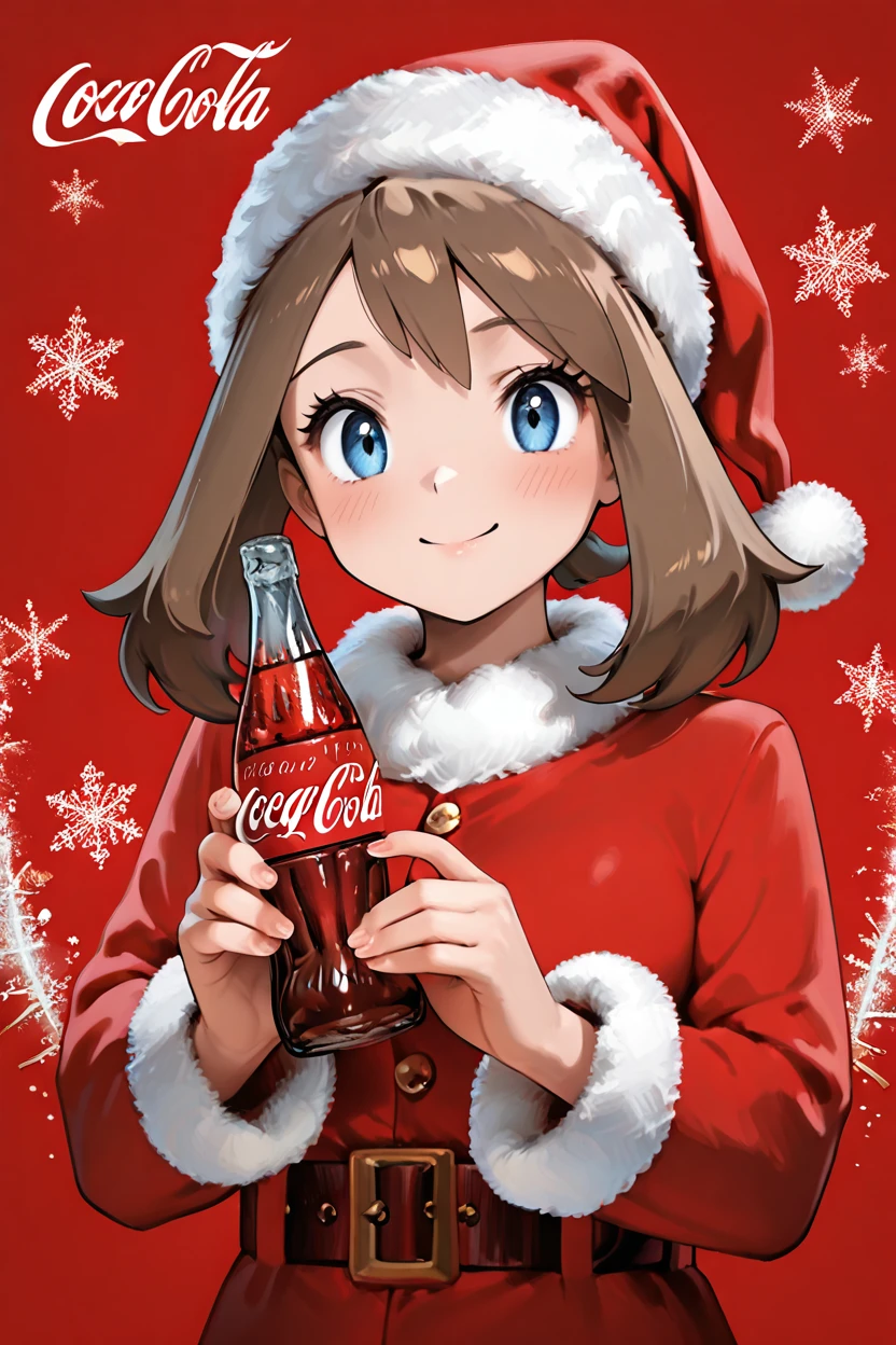 masterpiece, best quality,  CocaColaSanta, solo, santa costume, holding, bottle, red background, smile, happy,   zzMay, may (pokemon), brown hair, blue eyes, medium hair,   <lora:MayPokemonIXL_v2:0.8>,   ,<lora:CocaColaSantaIXL_v2:1.0>,