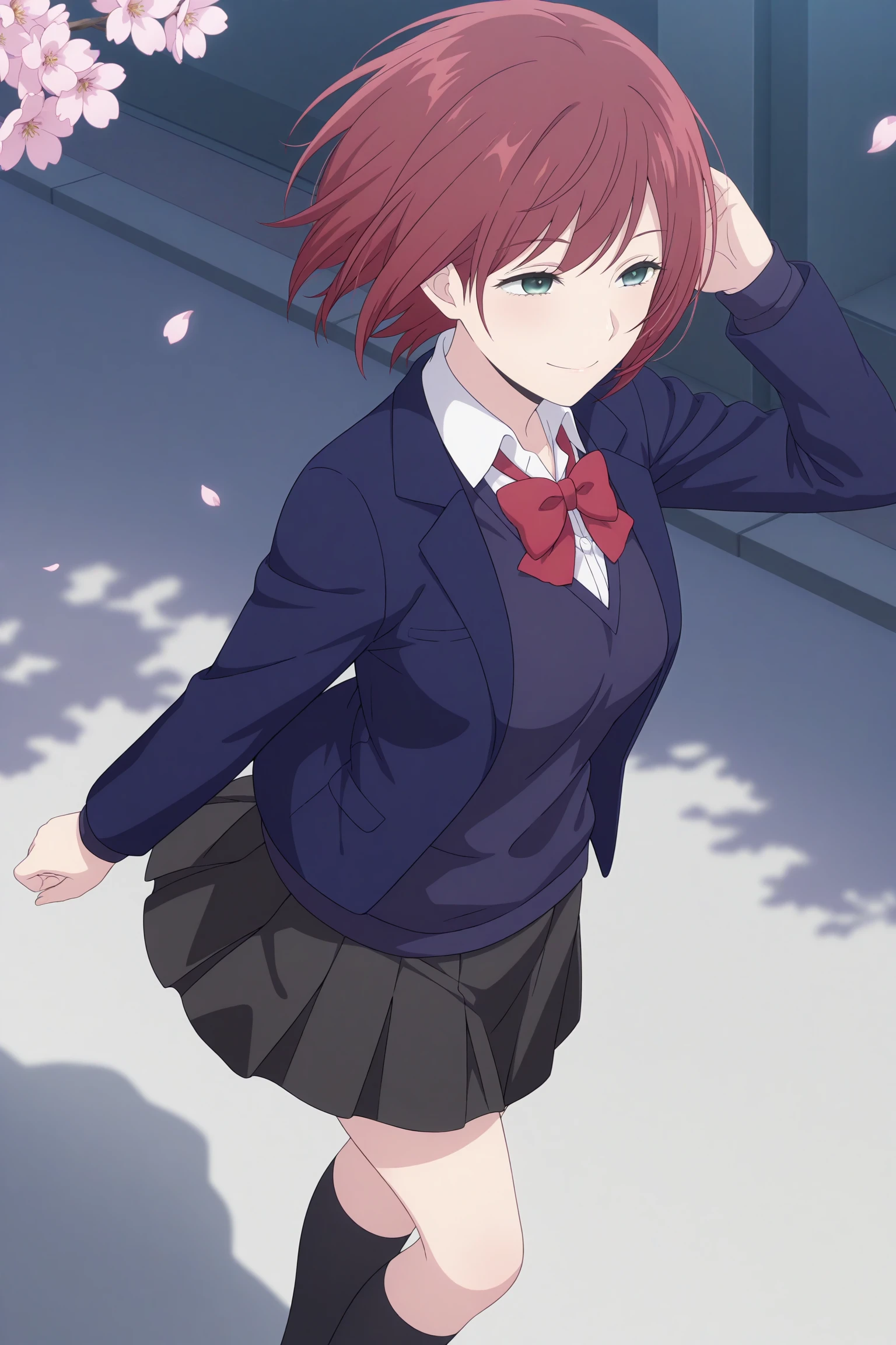 masterpiece, best quality, amazing quality, highres, absurdres, very aesthetic, high resolution, ultra detailed, perfect details, 1girl, outdoors, school, cherry blossoms, (falling petals:1.5), medium breasts, ebato sanae, short hair, red hair, swept bangs, green eyes, school uniform, long sleeves, blue jacket, open jacket, white shirt, collared shirt, red bowtie, blue sweater, black skirt, pleated skirt, black kneehighs, loafers, <lora:Sanae_Ebato:0.8>, (aged up:1.2), (feet out of frame:1.4), (pose:1), smile, from side, from above, (wind:1.4), (floating hair:1.1)