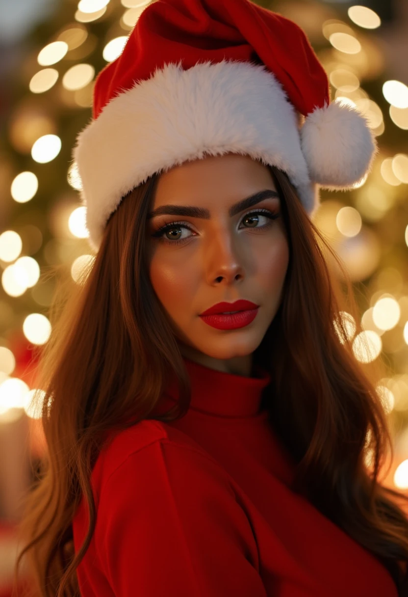 The image is a hyper-realistic, high-resolution, color photograph of a young woman in a festive holiday setting. She is positioned in the center of the frame, gazing slightly to her left, with a serene and elegant expression. Her skin is fair with a soft, glowing complexion, and she has long, wavy hair that cascades down her shoulders. She is wearing a classic red Santa hat with a fluffy white trim, adding a festive touch to the image.

The woman has mesmerizing eyes accentuated with bold, black eyeliner and long, voluminous eyelashes. Her lips are painted a vibrant red, matching the color of her hat. She is wearing a christmas pullover and pants.

The background is a bokeh effect with golden and white bokeh lights scattered throughout, creating a magical, festive atmosphere. The bokeh lights vary in size and intensity, adding a sense of depth and movement to the image. The overall lighting is warm and soft, casting a gentle glow on the subject, enhancing the holiday spirit. The texture of the background is smooth and dreamy, contrasting with the soft, fluffy texture of the Santa hat. 0L1V31R4