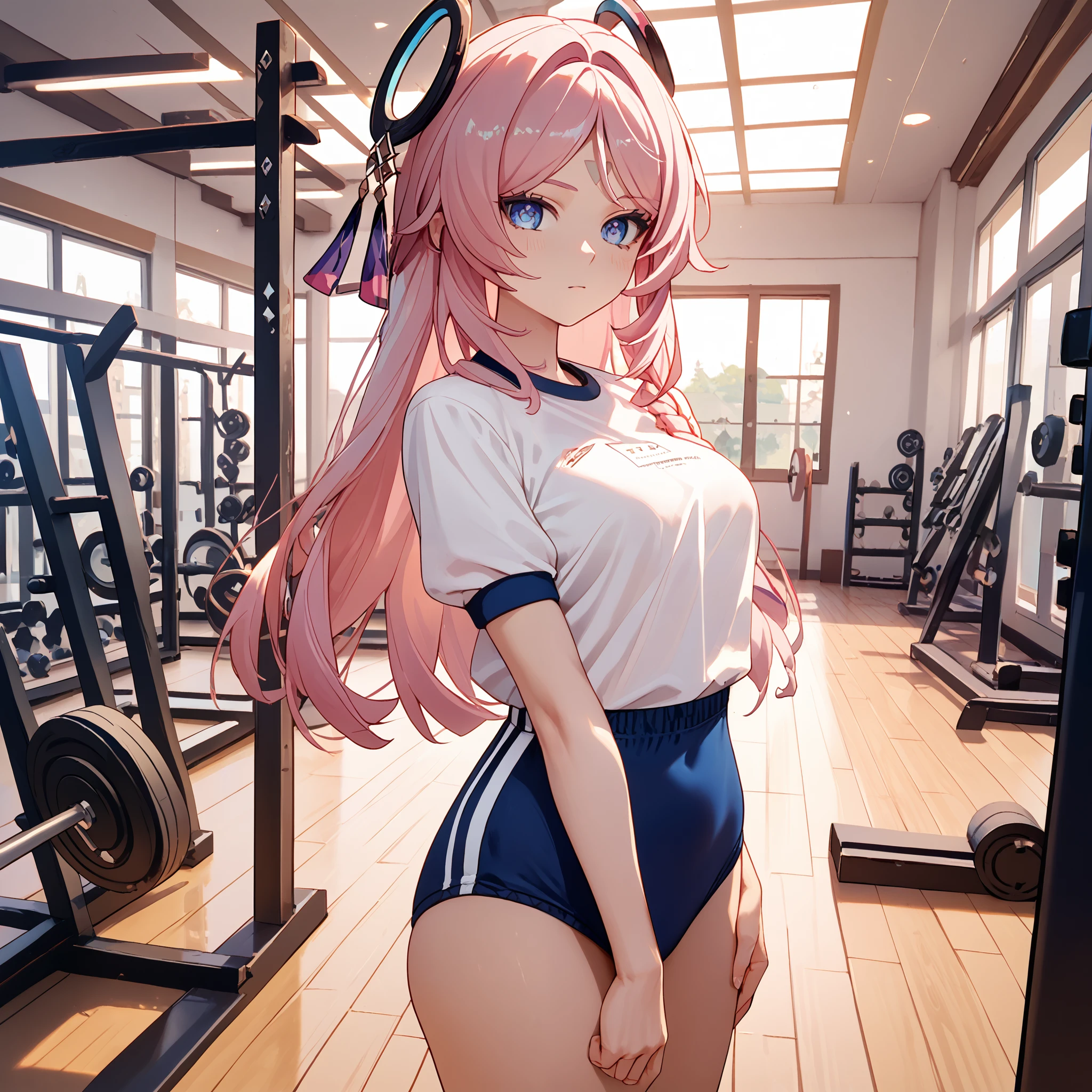 score_9, score_8_up, score_7_up, score_6_up, BREAK source_anime, look at viewer, 1girl, solo, masterpiece, best quality, high detailed skin,  citlali \(genshin impact\), pink hair, blue eyes,  gym uniform, gym, standing, blue buruma, white shirt,