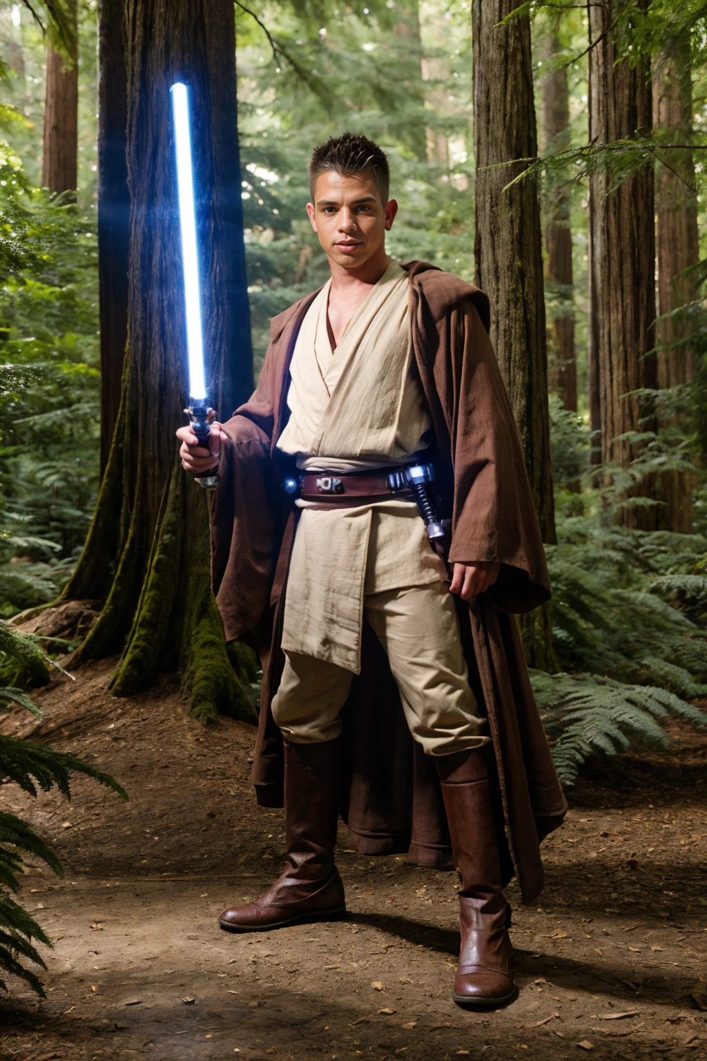 redwood forest, ferns, standing, BrentEverett is a jedi padawan in jedioutfit, (holding lightsaber), (((full body portrait))), wide angle <lora:jedioutfit:0.65> <lora:starwars:0.25>   <lora:BrentEverett:0.8>