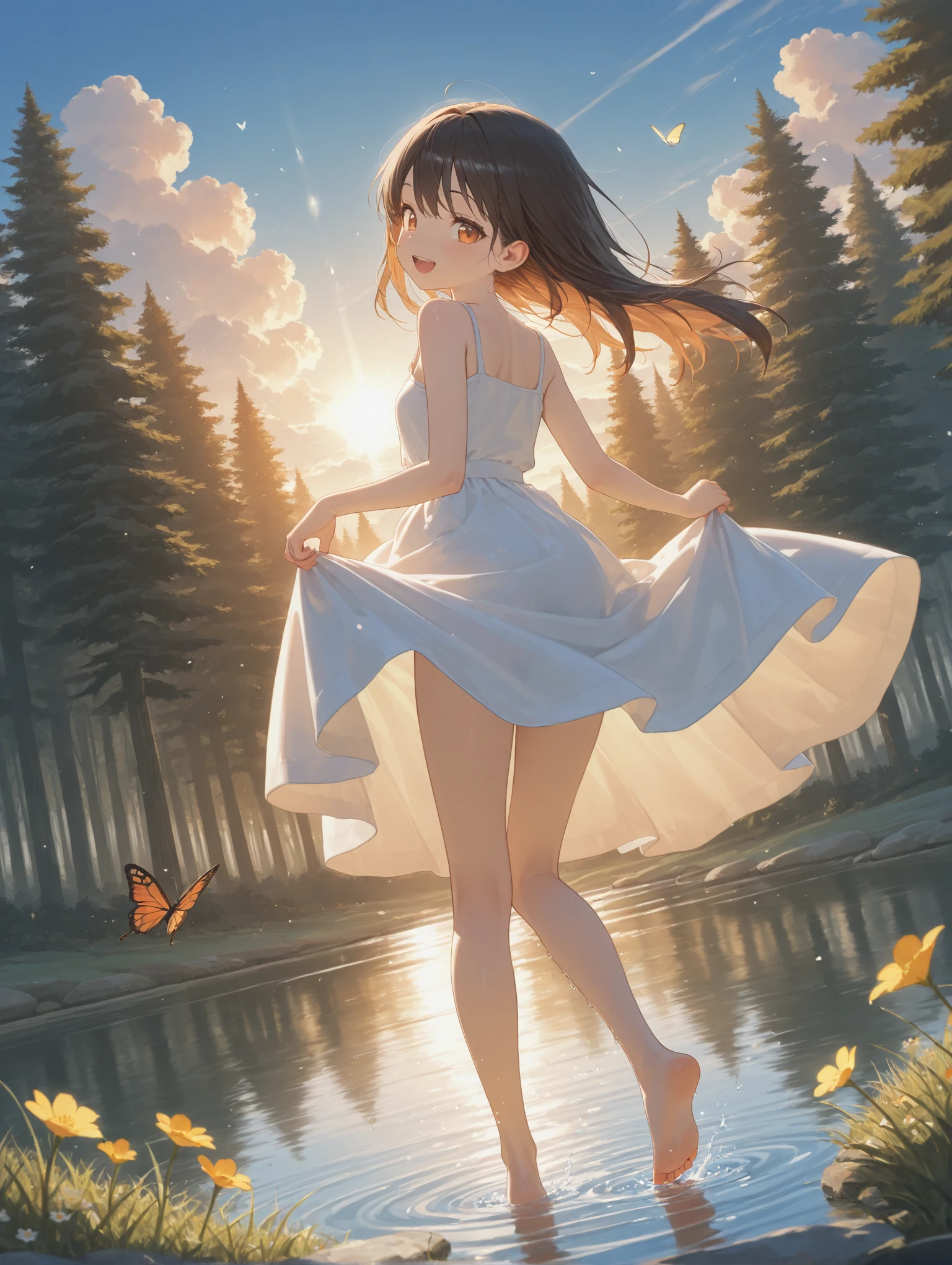 masterpiece,best quality,amazing quality,very aesthetic,absurdres,newest,
1girl,cute face,water,outdoors,blue_sky,sunlight,cloud,wind,barefoot,foot in water,dress_lift,lake,grass,forest,snow mountain,butterfly,flowers,happy,posing,from_behind,looking_back,
close-up,ray tracing,soft lighting,dutch_angle,(backlighting),perfect hand,
masterpiece,best quality,amazing quality,very aesthetic,absurdres,newest,