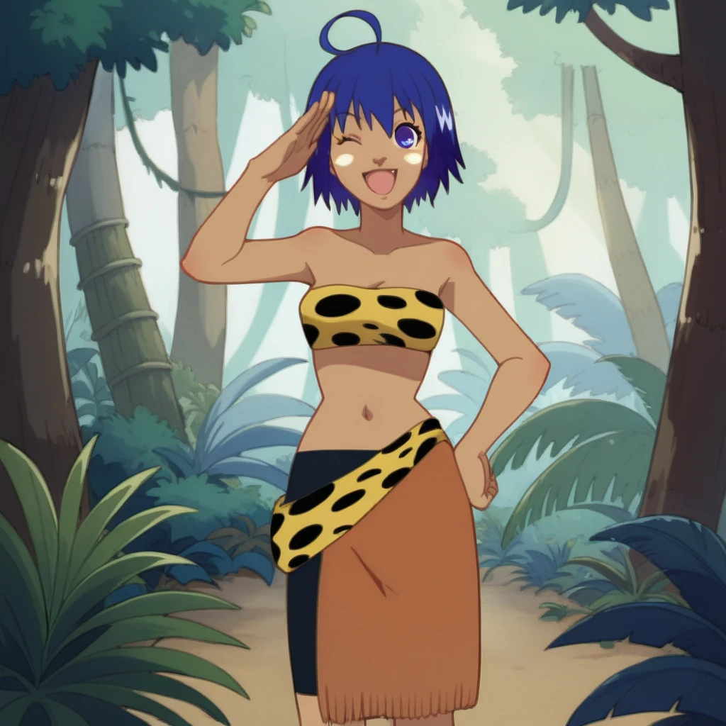 score_9, score_8_up, score_7_up,
<lora:JungleWedabyRR:1>, JungleWeda, short hair, blue hair, bangs, ahoge, hair antenna, blue eyes, dark skin, white blush, leopard print tube tob, leopart print sash, black shorts, brown sarong, navel,
1girl, standing, one hand on hip, salute, smile, wink, open mouth,
cowboy shot, outdoors, jungle, tree, bush,