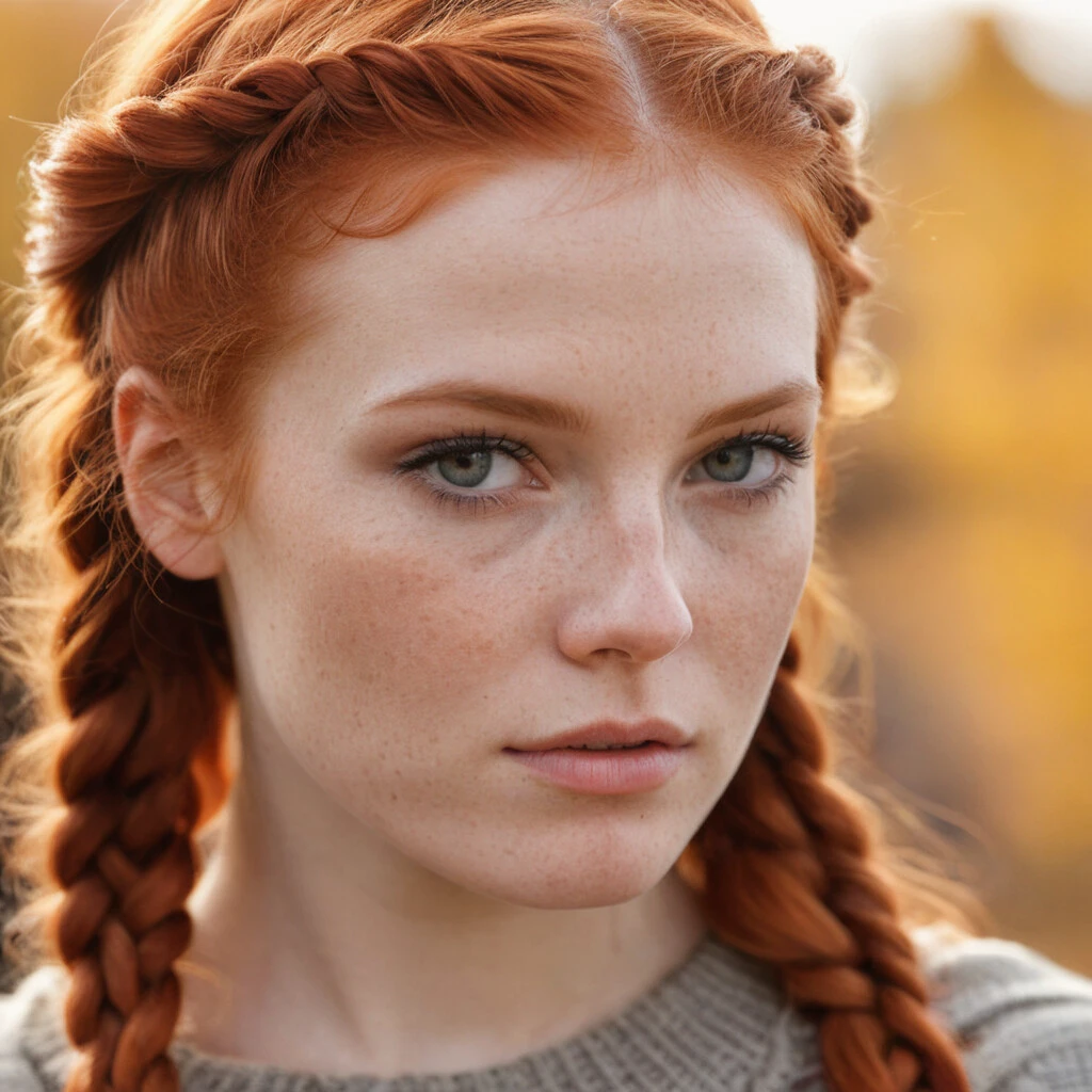 8k, photorealistic, dof, colourful, stunning redhead, fall colors, (detailed_face:1.2), long_hair, braids, freckles, (makeup eyeliner lipstick:0.8), bright_detailed_eyes, eye level, portrait, soft light