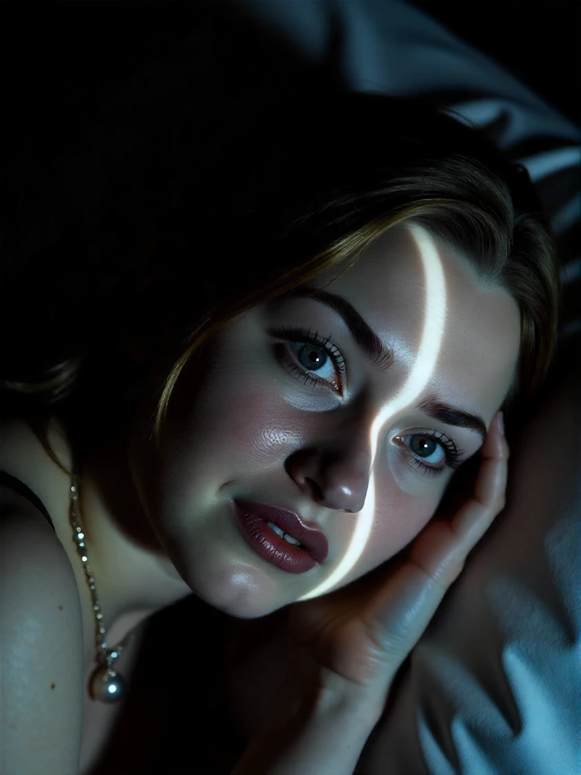 <lora:Kate_Winslet_ca1997:1> woman, photograph of very high quality, with a strong contrast of shadows and light. The photograph captures a pure, intimate moment during the night with very low light. The photographer takes a close-up of the face of the subject, who is lying down with their head turned to the side, their eyes and half-closed but fixed on the camera. A wide line of light falls across their face. The photo is framed only on the face, creating a tête-à-tête, a real moment of intimacy. Part of their face is in shadow, contrasting with the illuminated part of their face. They look directly at the viewer with their eyes wide open, their gaze vivid and mysterious. Dark atmosphere is hushed and intimate, portrait is in the pure style of contemporary photography, with a strong contrast between the shadowed areas and the light on their face. Ultrarealism.