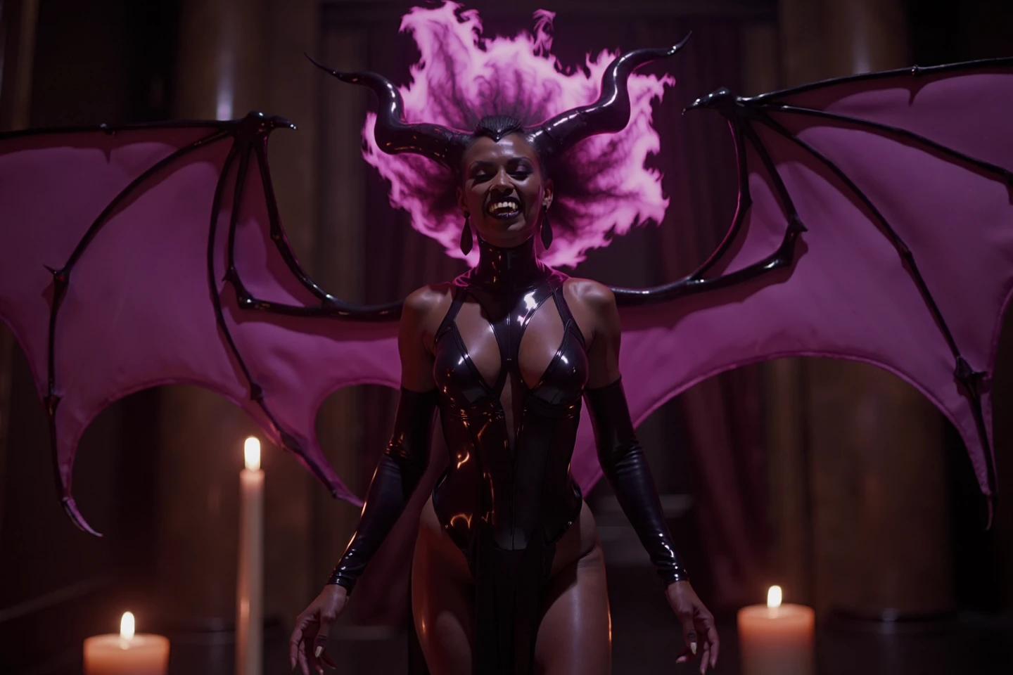 Cinematic still. Film scene from Denis Villeneuve. A full body portrait of gorgeous Drolta’s as her flaming purple hair flares with intensity, casting an ominous glow on her dark skin. her fangs glinting in the dim candlelight of a shadowy chamber. Her bat-like wings stretch out behind her. 