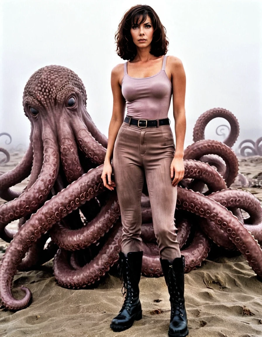 Horror-themed, Lovecraftian eldritch horror Photorealism <lora:tsintikidouSDXL-000008:1>, (full-body photo:1.3) of tsintikidouSDXL woman wearing (intricate:1.1) dusty rose fitted top with high-waisted trousers and combat boots, outdoors in alien environment, (gigantic:1.3) tentacle monster far in the background, mist, perfect face, (perfect brown eyes:1.2), looking at the viewer, imperfect skin, realistic skin texture, skin pores, subsurface scattering, looking at the viewer, Photorealism, often for highly detailed representation, photographic accuracy, or visual illusion.. Unknowable tentacles, cosmic otherworldly menace, maddening for mortal minds to behold, Eerie, unsettling, dark, spooky, suspenseful, grim, highly detailed