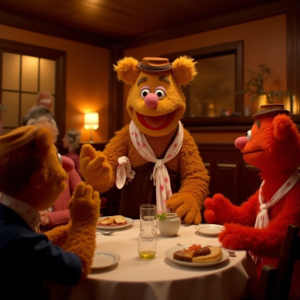 A photo of Fozzie Bear dressed as a waiter, in a restaurant talking to two muppet characters seated at a table.