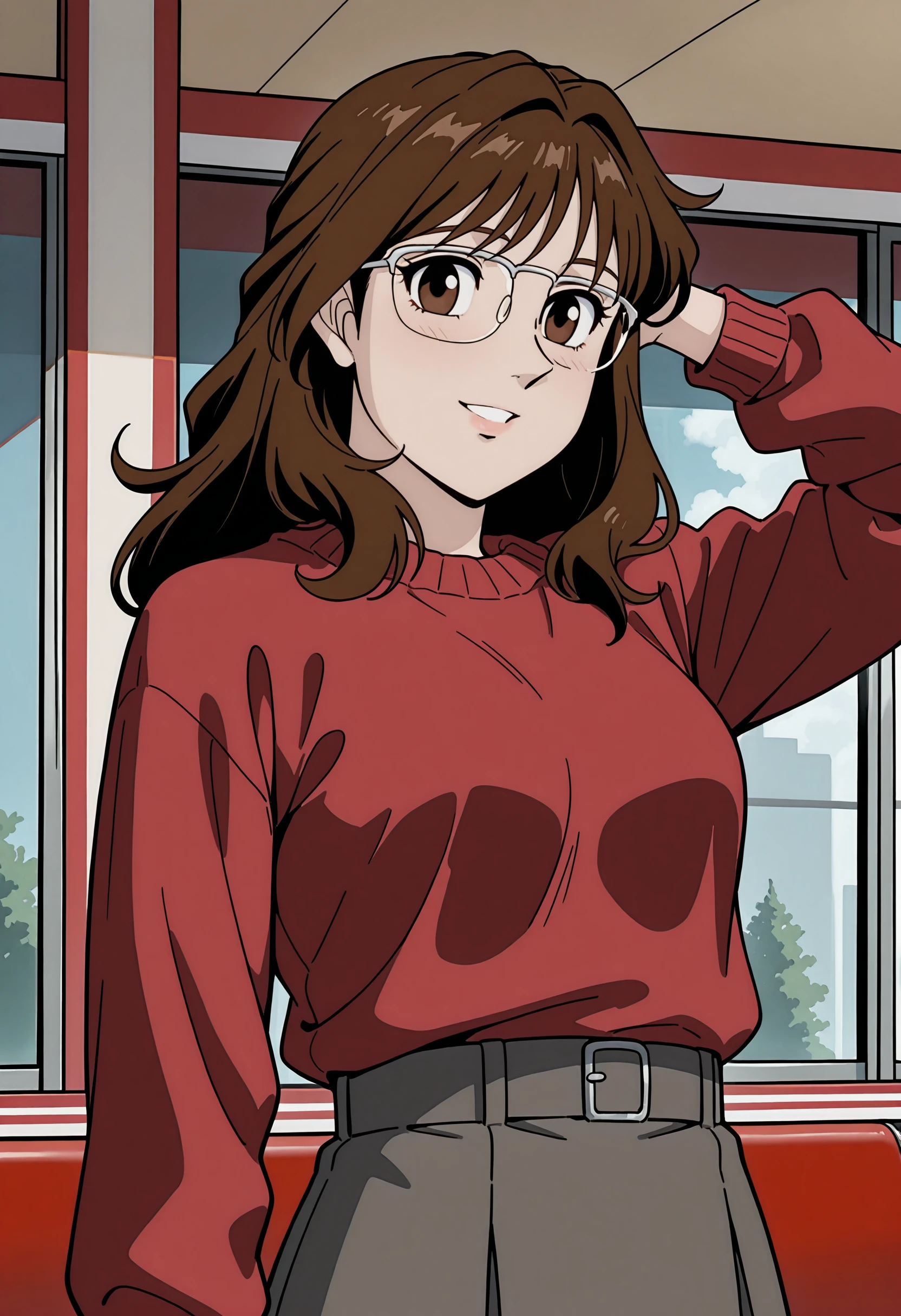 perfect quality, high quality, masterpiece, absolutely eye-catching BREAK
<lora:Hajime_no_Ippo_-_Reiko_Mikami:1> ipporeikomikami, long hair, brown hair, brown eyes, glasses, over-rim eyewear, red sweater tucked in, grey skirt BREAK
inside, diner, smiling, parted lips, looking at viewer, right arm up behind head and left arm down by sides