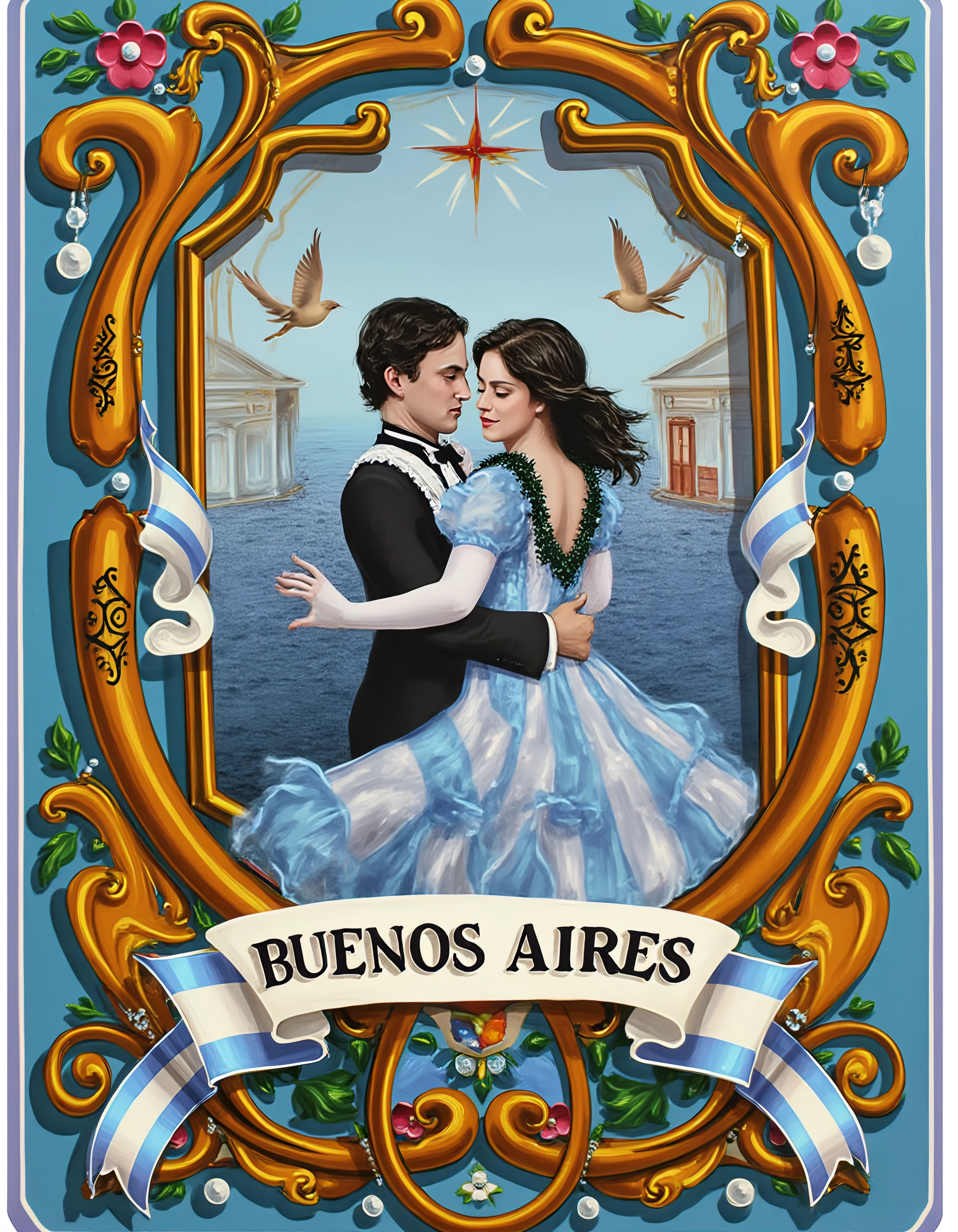 cartel de filete porteño, fileteado con el texto "La Reina del Plata", hojas de acanto, ornatos dorados,perlas de colores, flor de 4 petalos, pajaros, firulete, Buenos Aires, Argentina, banderas argentinas, escarapela, bandoneon, tango, texto "BUENOS AIRES"