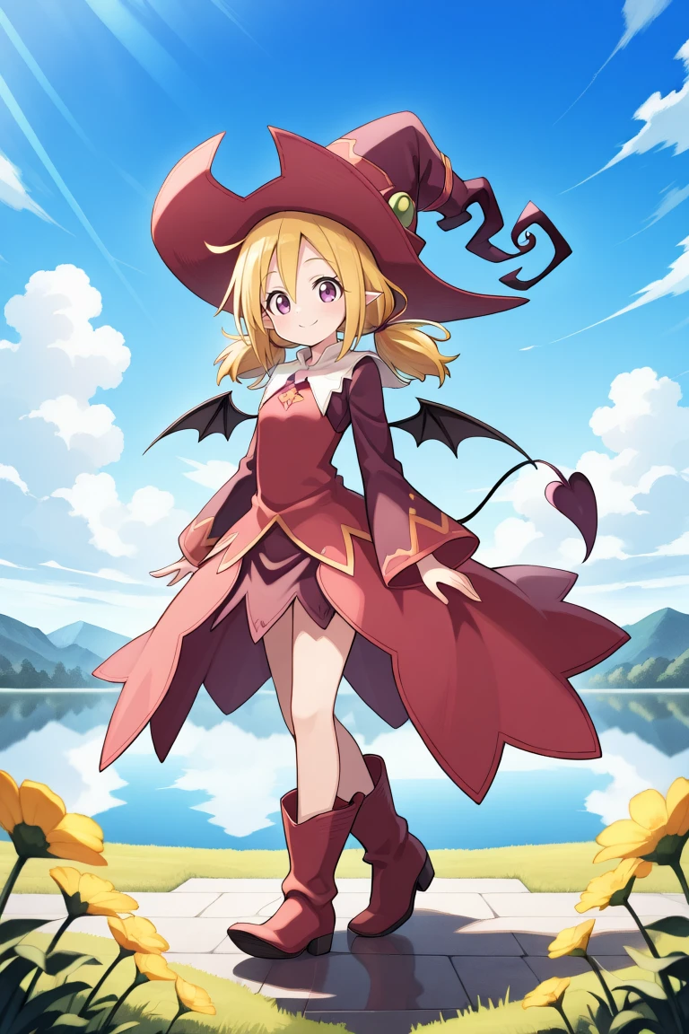 <lora:WitchYggIL:0.8>, widef, 1girl, blonde hair, low twintails, purple eyes, witch, red witch outfit, witch hat, bat wings, tail, dress, high-low skirt, boots, full body, standing, looking at viewer, serene, elegant, graceful, smile, detailed background, highly detailed, exterior, lake, blue sky, clouds, daylight, flowers, , solo, masterpiece, best quality, amazing quality, very aesthetic, high resolution,