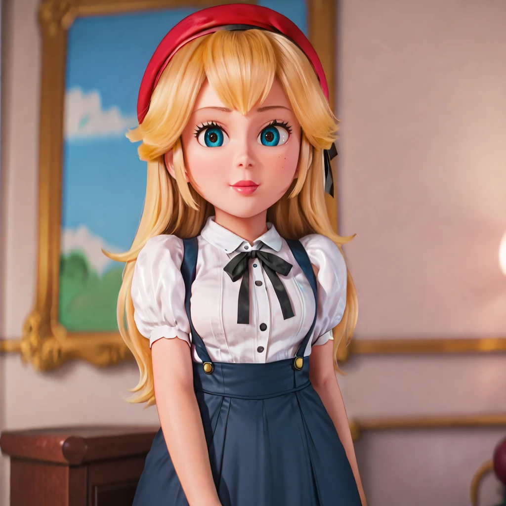 <lora:peachmovie_pony_v1:0.8> Peach, 1girl,  blonde hair,  long hair, blue eyes,  lips,  <lora:0902 Home wear 5_v1_pony:1> ruanyi0902,beret,black ribbon,collared shirt,black pantyhose,high-waist skirt,white shirt,suspenders