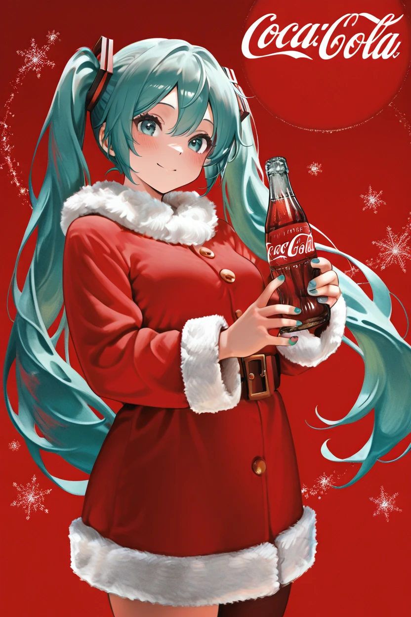 masterpiece, best quality,  CocaColaSanta, solo, hatsune miku, green hair, twintails, santa costume, holding, bottle, red background,   ,<lora:CocaColaSantaIXL_v2:1.0>,