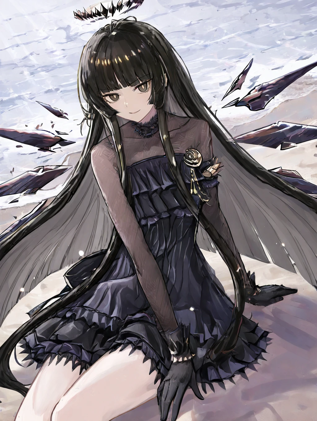 virtuosa,ryuusaki ichi style,1girl,black hair,long hair,solo,looking at viewer,bangs,very long hair,blunt bangs,halo,yellow eyes,dress,Beach, Sunshine