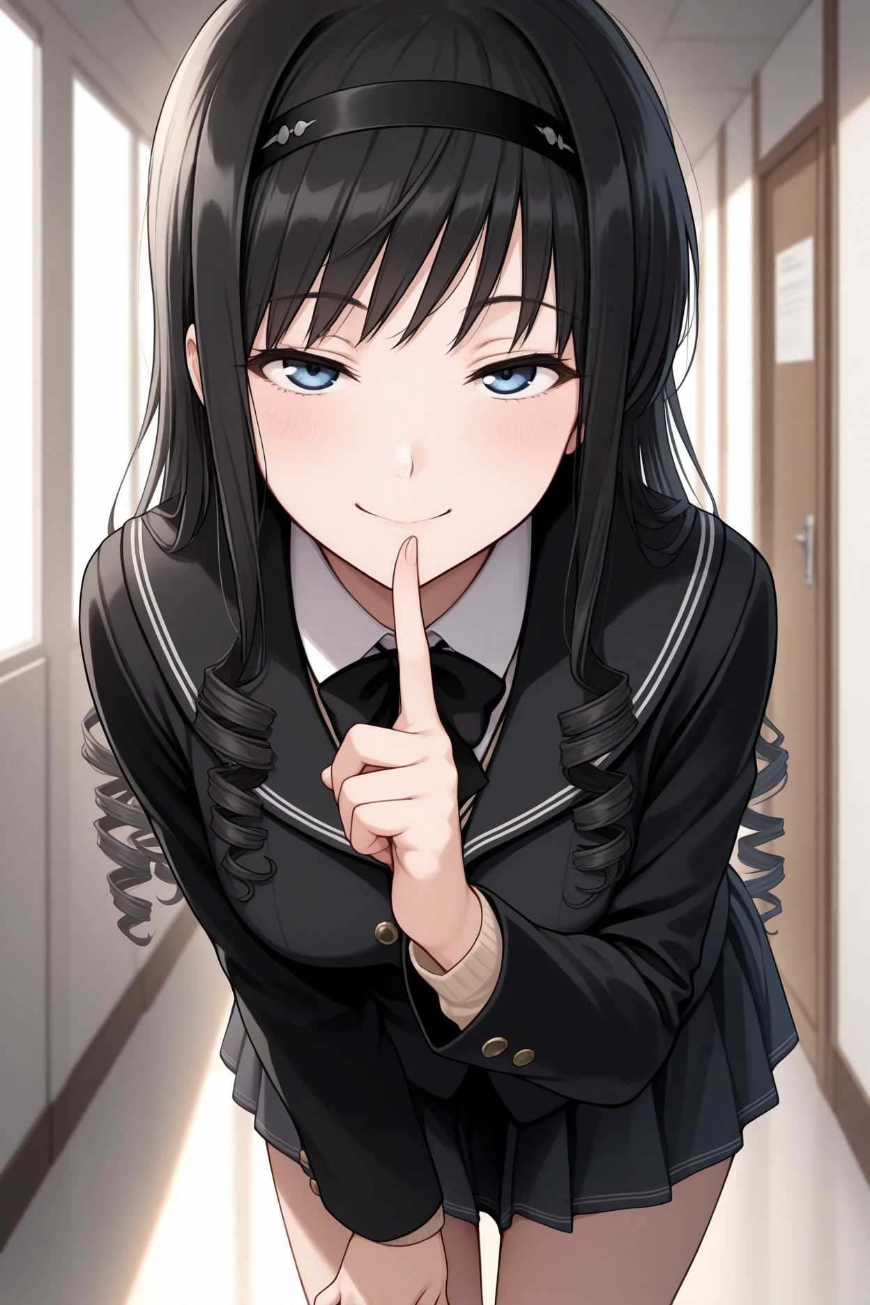 masterpiece, best quality, 1girl, solo, <lora:morishimaharuka-illu-nvwls-v1-000005:1> amaMH, black hair, drill hair, long hair, blue eyes, black hairband, black sailor collar, collared shirt, neck ribbon, black blazer, black bowtie, long sleeves, pleated skirt, black miniskirt, finger to mouth, smile, looking at viewer, hallway, leaning forward, half-closed eyes