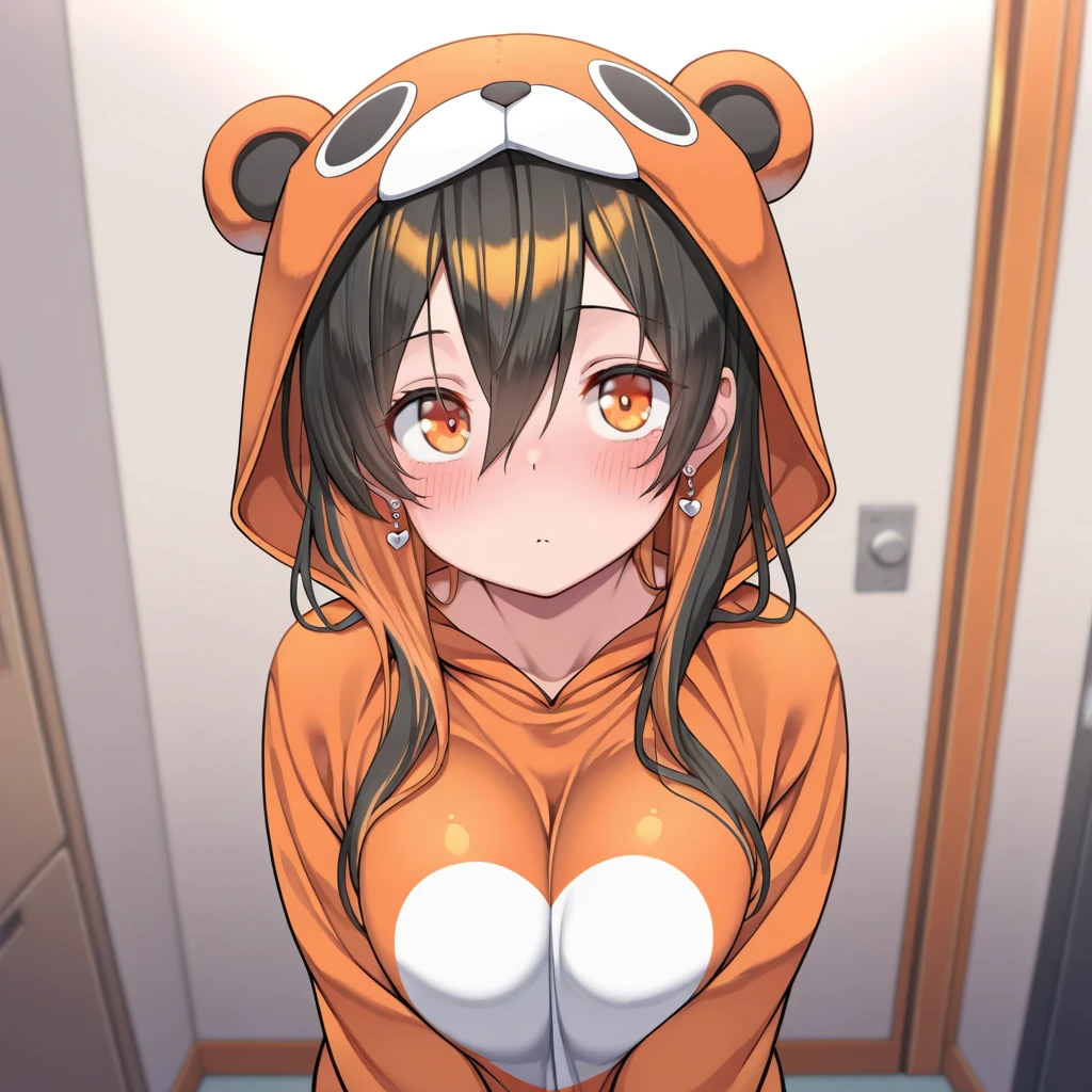 masterpiece,best quality,amazing quality,  <lora:monero2:1>, monerochan, monero-chan, 1girl, solo, long hair, multicolored hair, black hair, orange hair, hair between eyes, orange eyes, heart earrings, m-earrings, onesie, multicolored clothes, orange and black clothes,