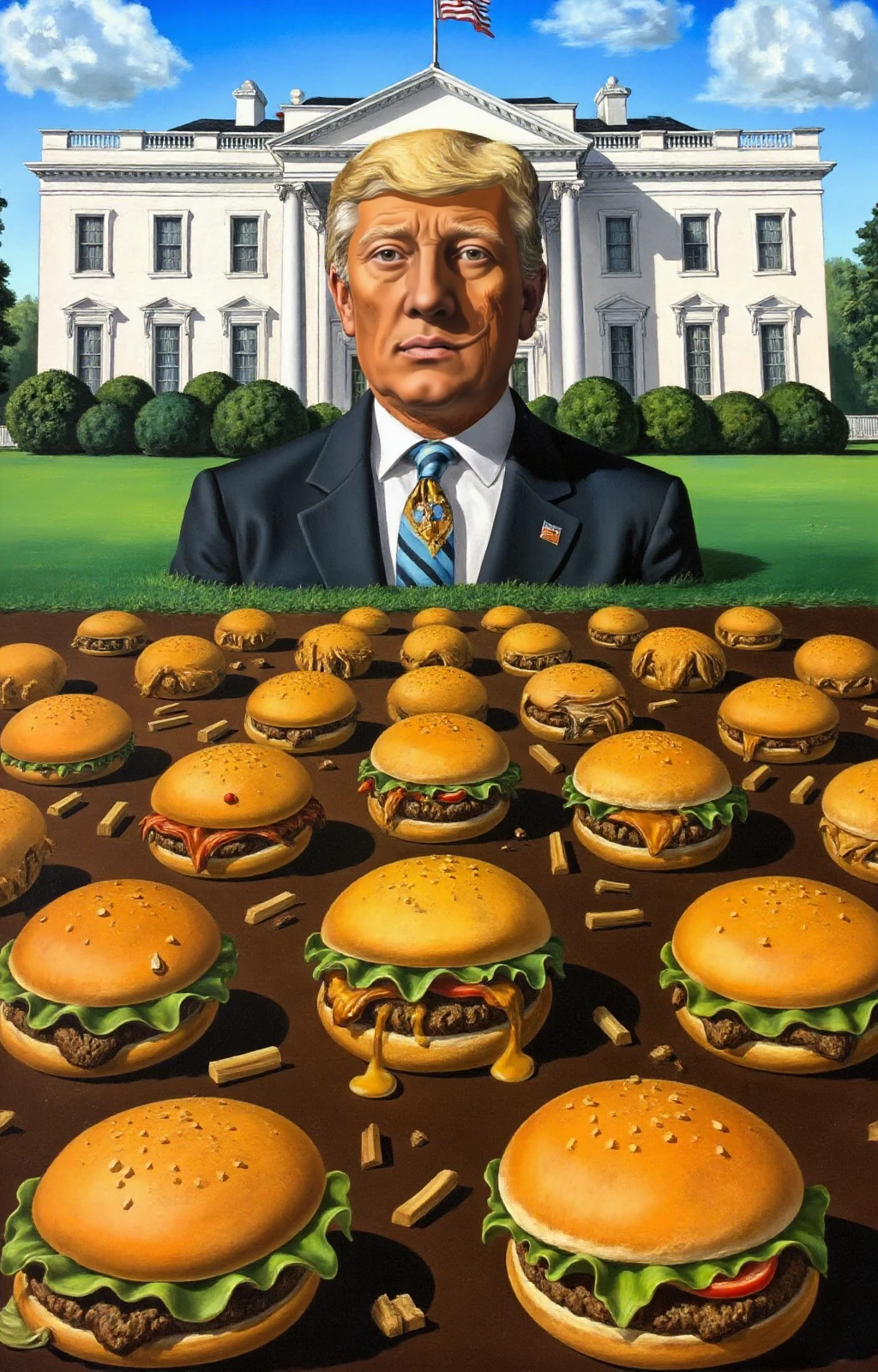 <lora:Dali Style:0.9> dali style, painting. donald trump is surrounded by melting burgers and fries, in front of the white house