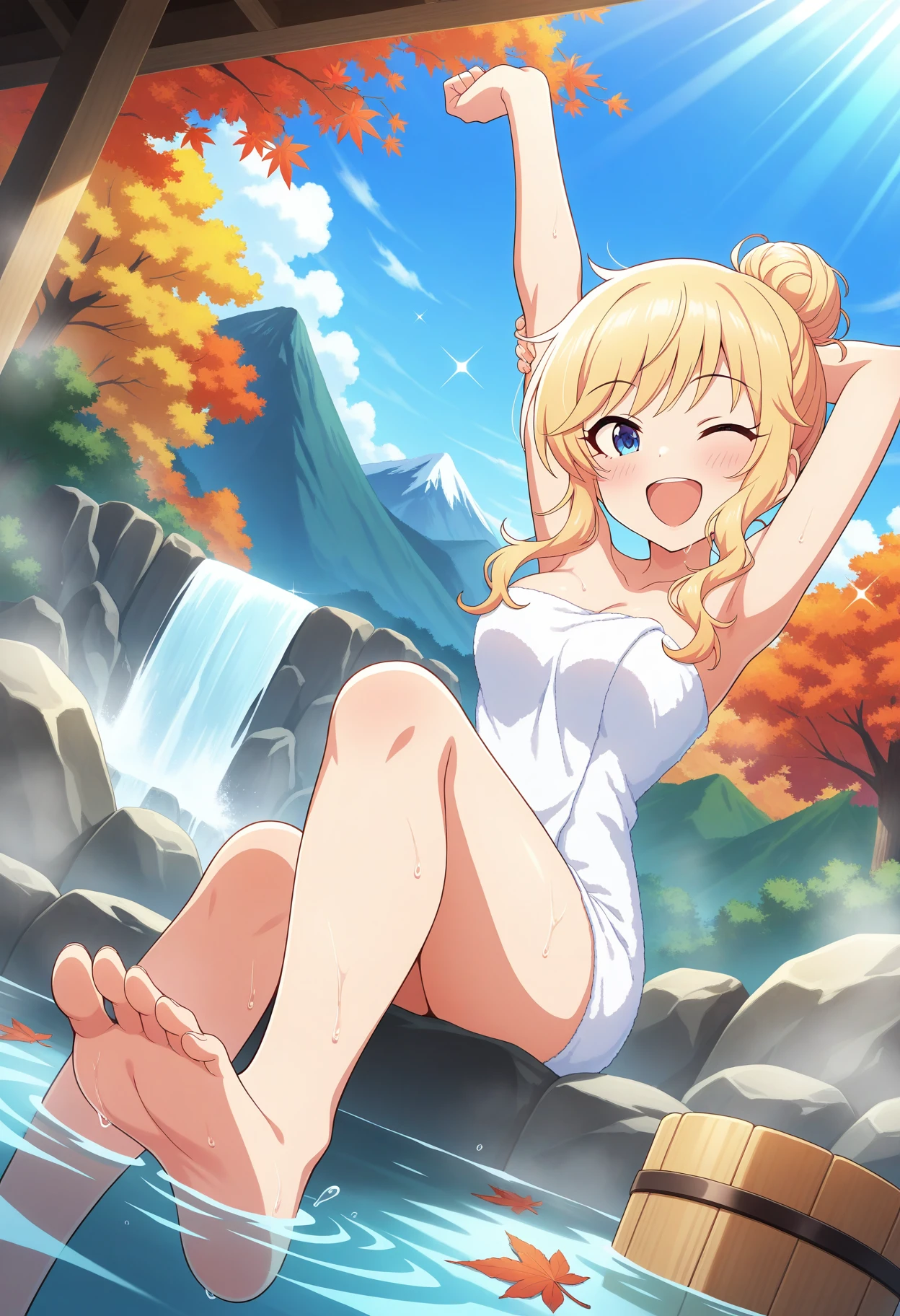 masterpiece, best quality, absurdres, highres, explicit, Newest, anime coloring,anime_screencap,
idolyui, 1girl, blonde hair, autumn leaves, onsen, towel, barefoot, naked towel, smile, water, solo, blue eyes, arms up, bucket, open mouth, armpits, sky, day, blush, breasts, soles, outdoors, rock, tree, leaf, wooden bucket, toes, looking at viewer, feet, dutch angle, maple leaf, autumn, blue sky, bathing, ;d, long hair, white towel, partially submerged, light rays, hair bun, cloud, steam, waterfall, wavy hair, bare legs, foot out of frame, sunlight, sidelocks, single hair bun, hair up, bare arms, sparkle, leg up, sitting, wet, stretching, sunbeam, collarbone, medium breasts, mountain,(masterpiece:1.1), (best quality:1.1), (newest:1.1), official art, anime screenshot, (absurdres:1.1), (highres:1.1),  <lora:idolyui:1>