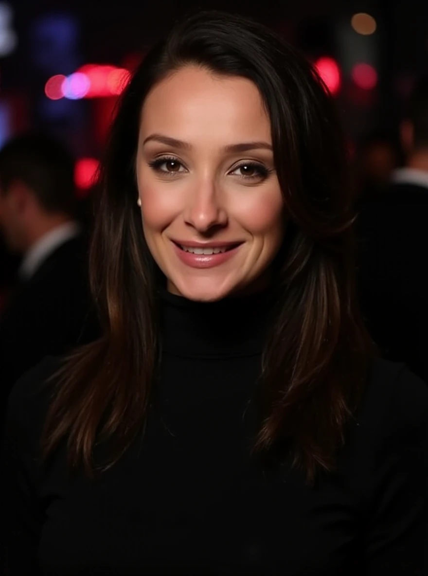 Portrait photo of s4br1n4mt5 woman, black turtleneck blouse, in a night club, makeup, smile

