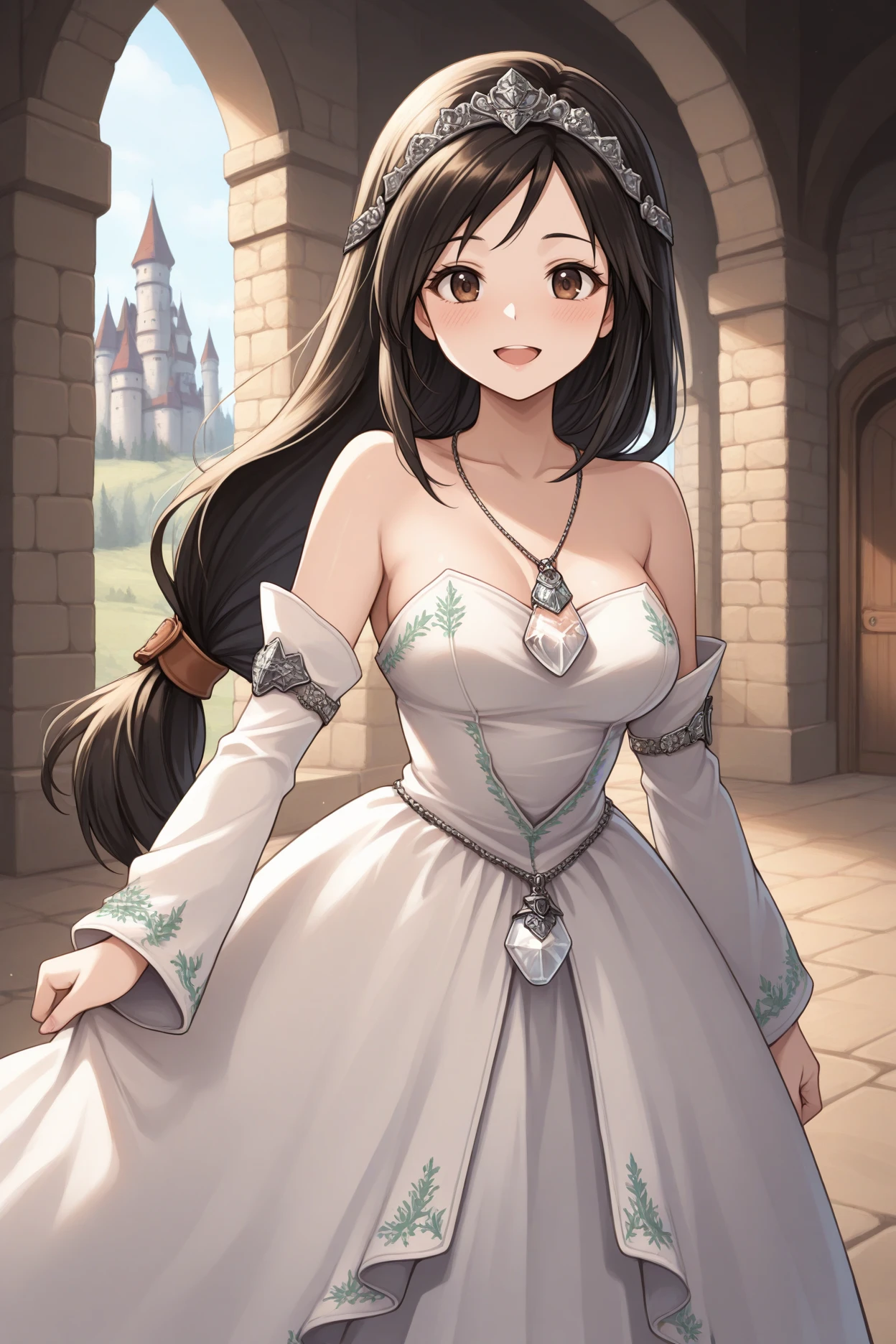 masterpiece, best quality, 1girl, solo, <lora:ffgarnet-illu-nvwls-v1_1-000007:1> ffixgarnet, black hair, brown eyes, low-tied long hair, tiara, pendant, strapless dress, white dress, wedding dress, detached sleeves, indoors, castle, medieval, foyer, looking at viewer, happy, blush, open mouth, medium breasts