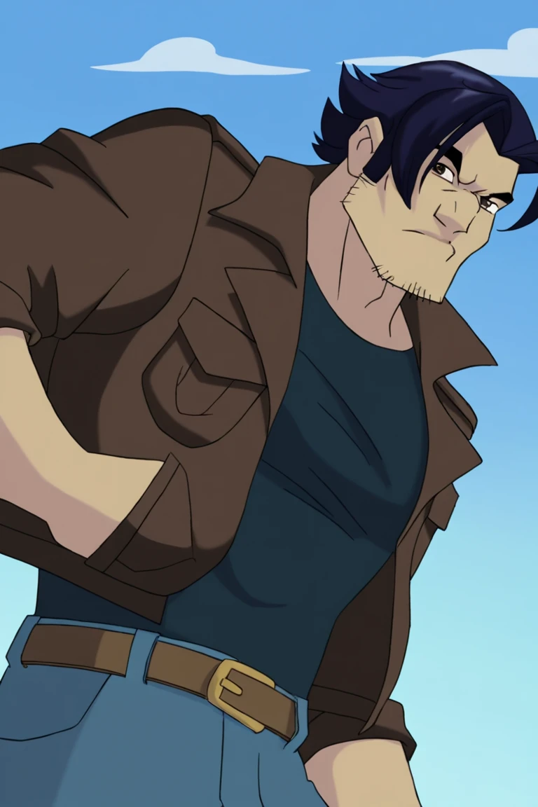 masterpiece, best quality, highres, newest, logan, 1boy, solo, male focus, mature male, short hair, dark blue hair, brown eyes, thick eyebrows, facial hair, stubble, sideburns, muscular, dark blue t-shirt, brown jacket, blue jeans, brown belt, belt buckle, looking at viewer, frown, standing, cowboy shot, outdoors, sky, blue sky, cloud <lora:Wolverine (Logan) X-Men Evolution (Only Logan) Lite v1.1 [LoRA] - NoobAI-XL EPS 1.0:0.8>