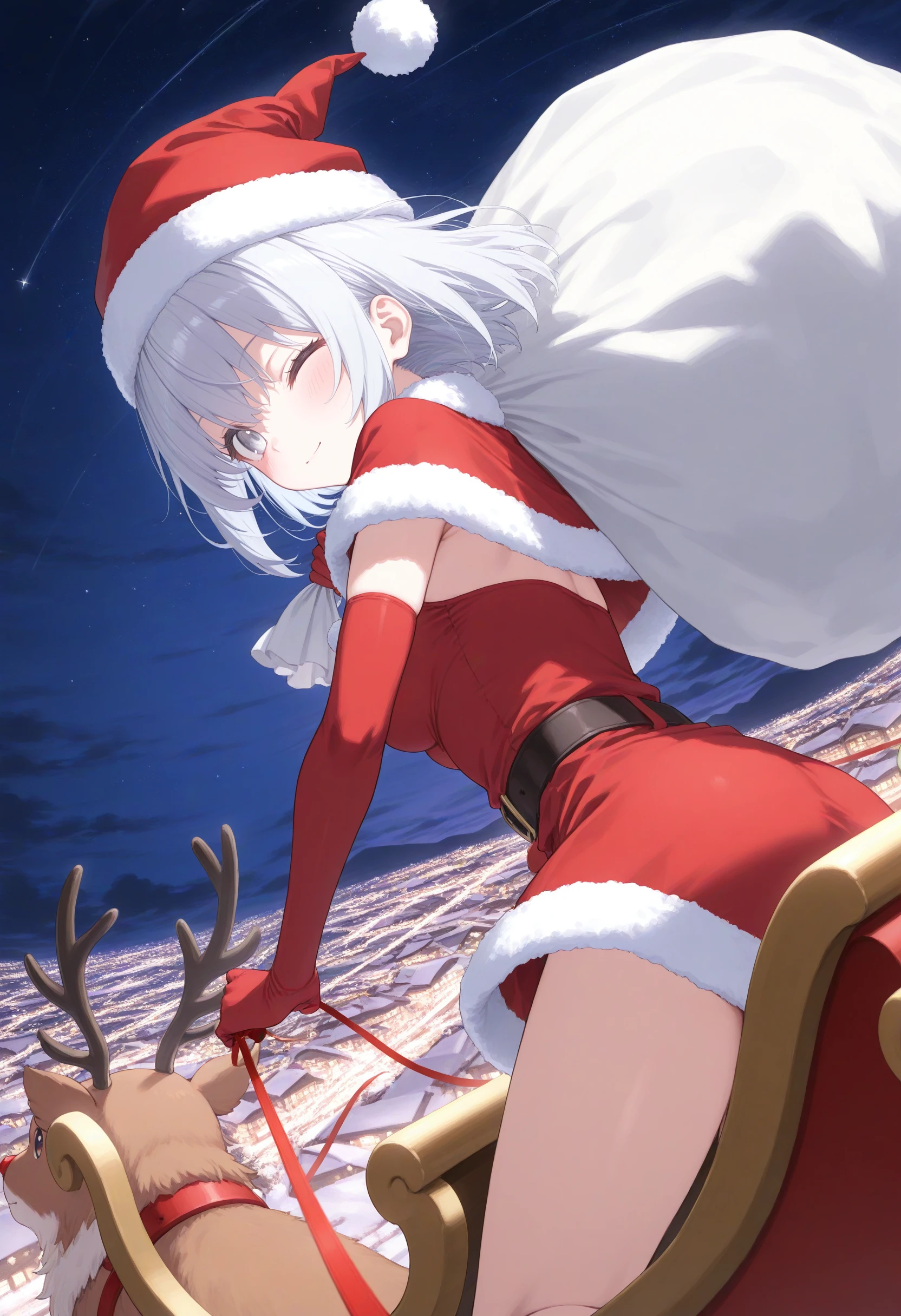 1girl,(sho \(sho lwlw\):0.7),(toosaka asagi:0.5),(sincos:0.3),solo,
masterpiece, best quality, newest, absurdres, CG, anime, source anime, illustration,
medium breasts,
santa hat, santa costume, sleigh, reindeer, capelet, sack, christmas, leash, star (sky), night, starry sky, night sky, flying, sitting, outdoors, <lora:sleigh_Illust_v1:0.8>
from behind, fisheye lens, looking at viewer, gray hair, white eyes,one eye closed, closed mouth, single hair,