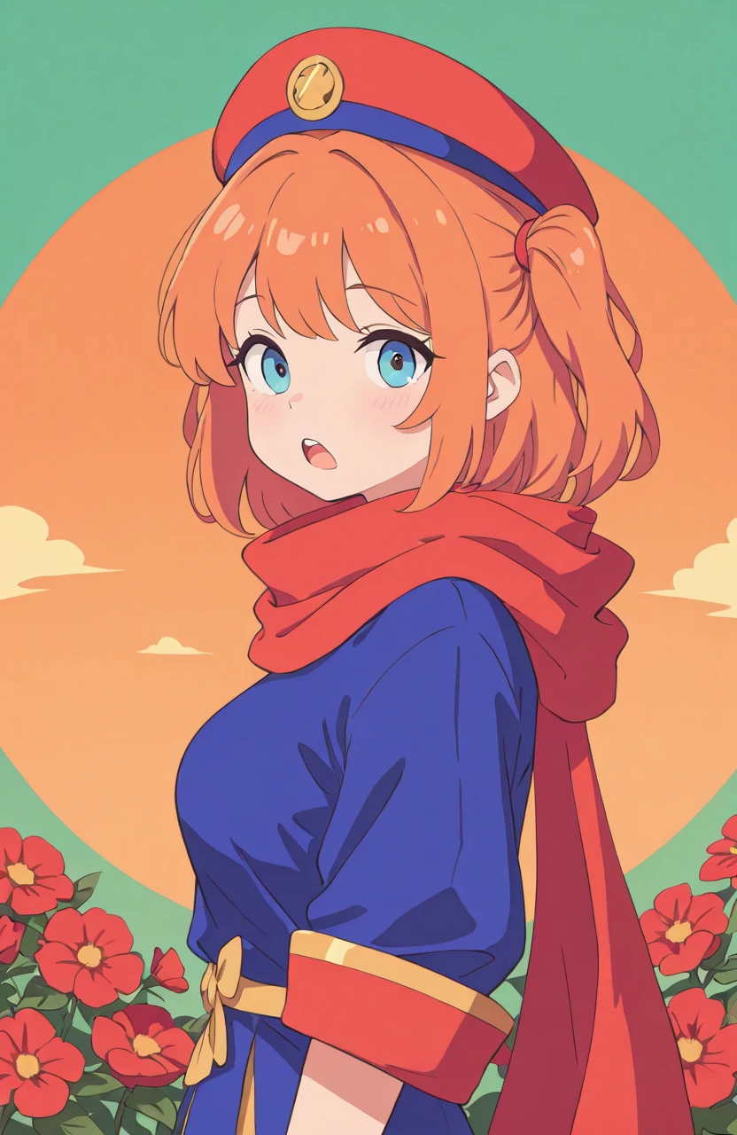 best quality, amazing quality, perfect image, very aesthetic, absurdres, newest
1girl, solo, beautiful woman, breasts, fully clothed
 <lora:arcadia_illustrious:1> arcadia
scarf, blue shirt, from side, two side up, sky, hood, orange background, green background, hat, upper teeth only, red flower