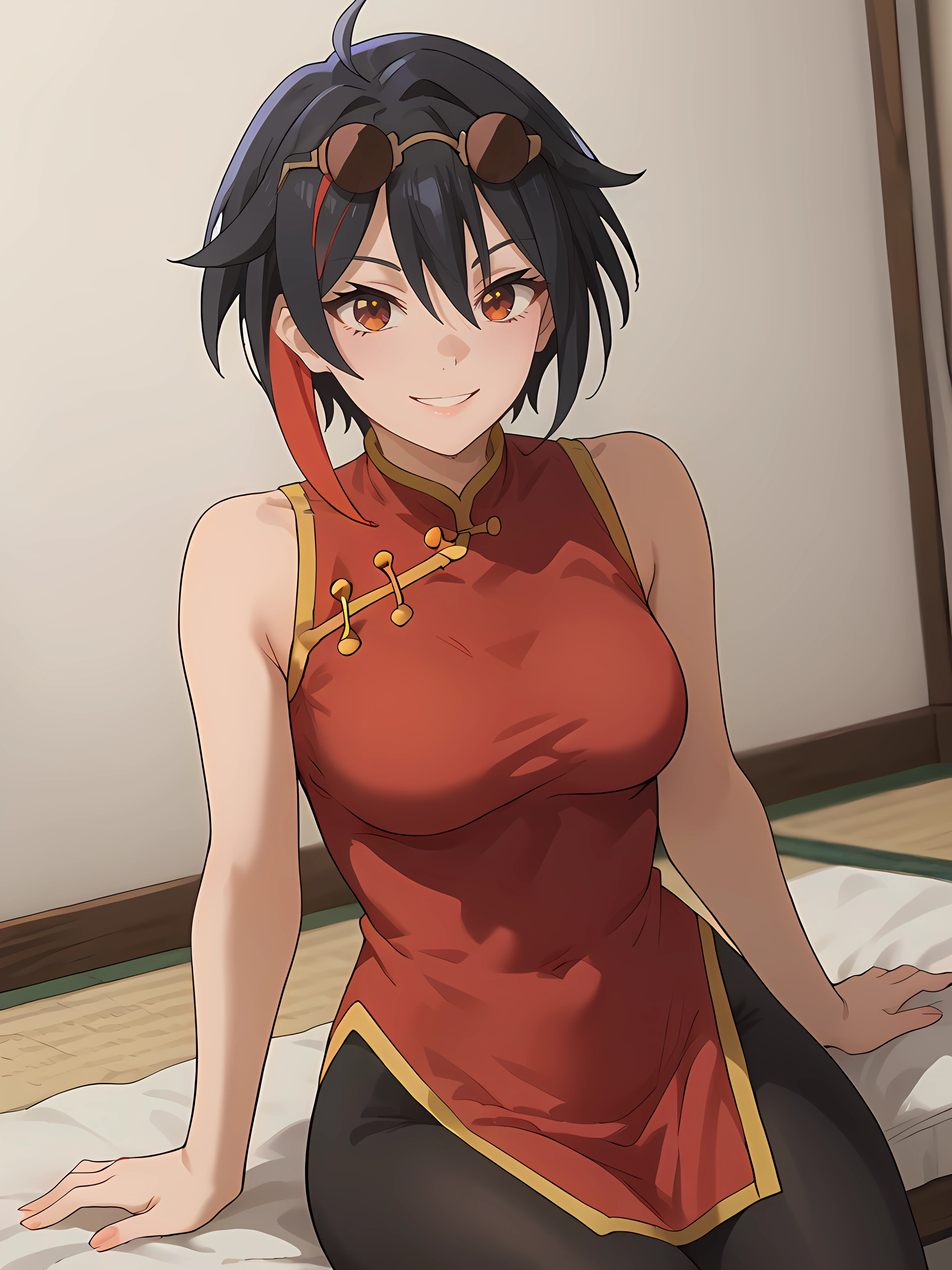 score_9, score_8_up, score_7_up, score_6_up, score_5_up, score_4_up, source_anime,cinematic shadow, character focus, detailed skins,perfect hands, medium breasts, cowboy shot,  body blush,<lora:StS_PonyXL_Detail_Slider_v1.4_iteration_3:4>,   <lora:takahashi:1>,takahashi,ahoge, black hair, streaked hair, red hair,short hair, bangs, brown eyes,takahashidress,eyewear on head,sunglasses, china dress, sleeveless red dress,black bike shorts,  smile, sitting, bare shoulders, 1girl,