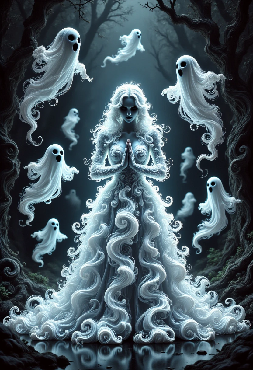 aidmafluxpro1.1, 
A pale woman is wearing a glowing dress made of ghosts. she has a pale skin, detailed blue eyes and red lipstick. She's praying to a false idol. The scene is set in a dark twisted forest where swirly ghosts are flying around here.
masterpiece, best quality