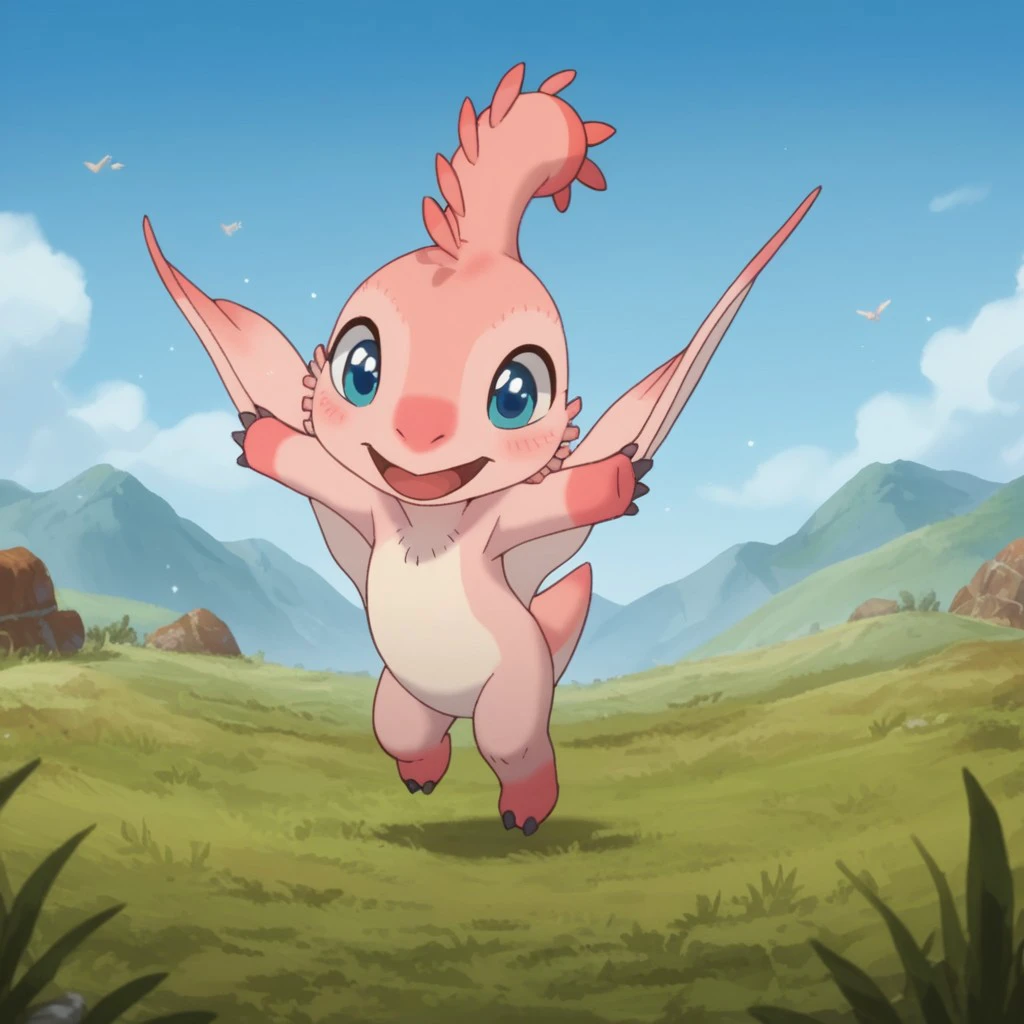 score_9, score_8_up, score_7_up, score_6_up, score_5_up, score_4_up, source_furry,MTPunonv2, feral, female, Pteranodon, pink skin, wings, winged arms, blue eyes, crest, outside, dancing, in a field,