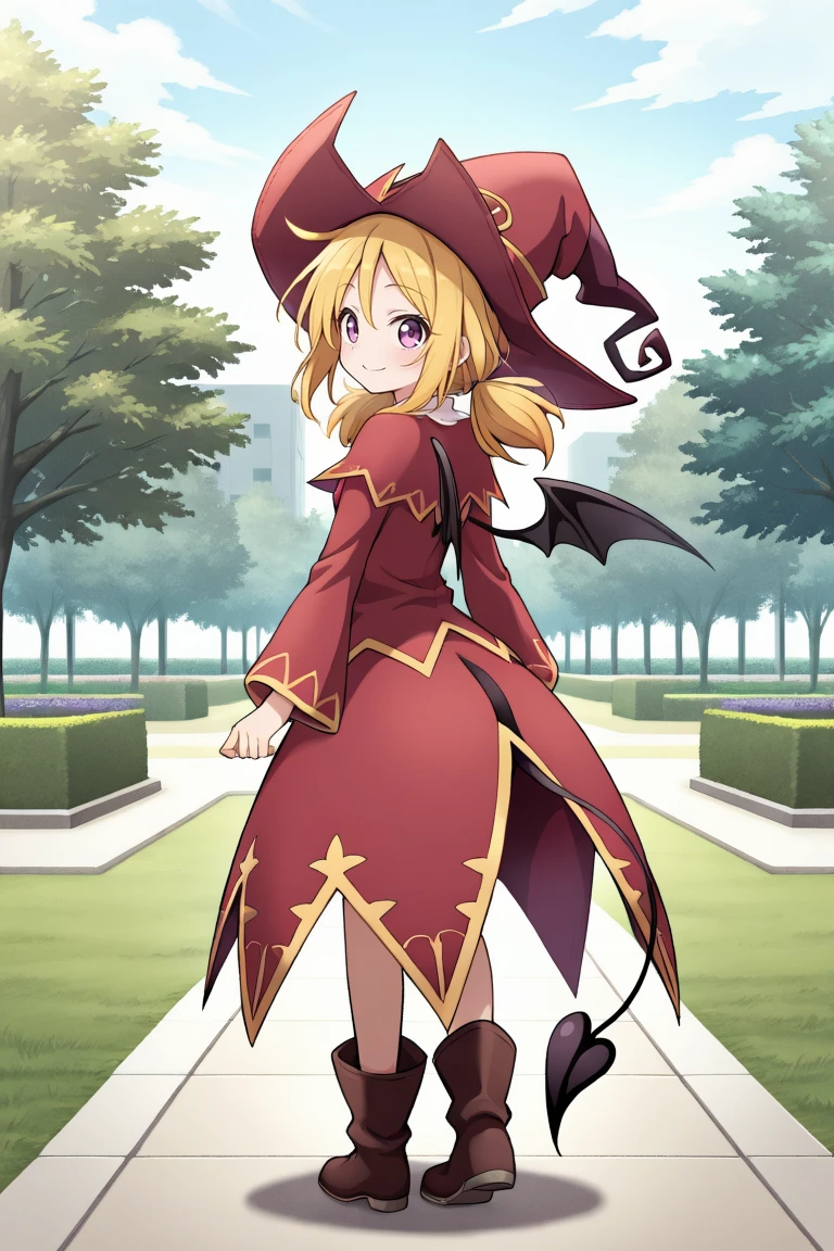 <lora:WitchYggIL:0.8> , widef, 1girl, blonde hair, low twintails, purple eyes, witch, red witch outfit, witch hat, bat wings, tail, high-low skirt, boots, full body, standing, looking at viewer, serene, elegant, graceful, smile, (from behind), detailed background, highly detailed, exterior, public park, garden, , solo, masterpiece, best quality, amazing quality, very aesthetic, high resolution,