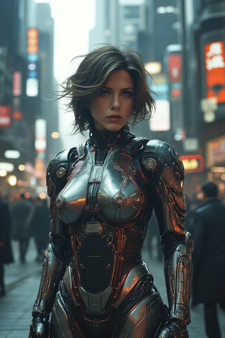 A futuristic femme fatale stands, her cybernetic robot attire glistening under soft even lighting. Her medium-bodied figure is centered in a medium-shot, as she locks eye contact with the viewer, her gaze piercing through the digital haze of the cityscape behind. Every detail of her face and eyes are meticulously rendered, inviting us into this futuristic world where technology meets humanity.