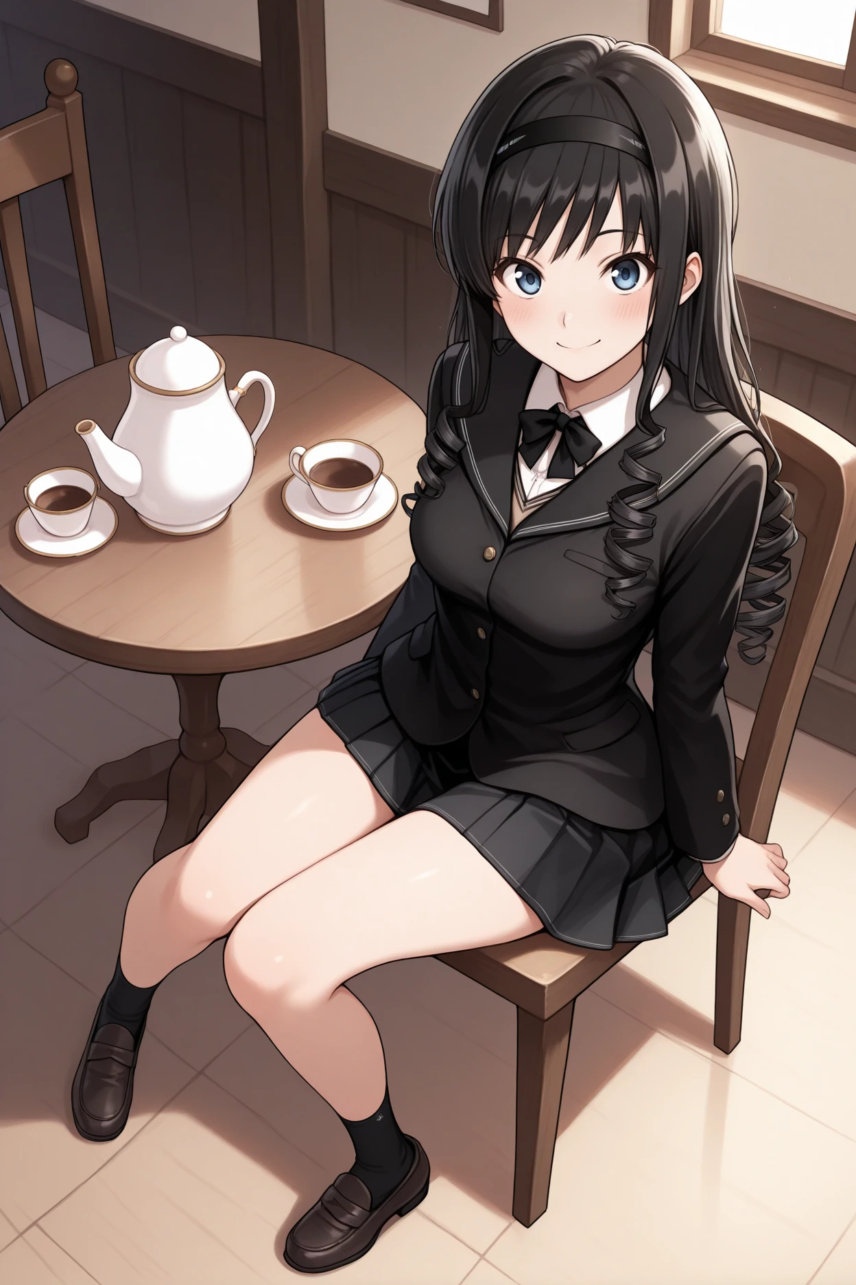 masterpiece, best quality, 1girl, solo, <lora:morishimaharuka-illu-nvwls-v1-000005:1> amaMH, black hair, drill hair, long hair, blue eyes, black hairband, black sailor collar, collared shirt, neck ribbon, black blazer, black bowtie, long sleeves, pleated skirt, black miniskirt, black socks, loafers, sitting, chair, table, full body, sitting in chair, teacup, teapot, looking at viewer, smile, blush, indoors, cafe