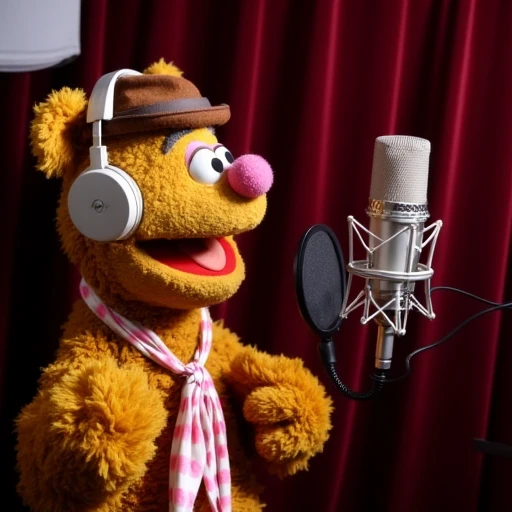 Fozzie Bear in a recording studio wearing headphones talking into a microphone.