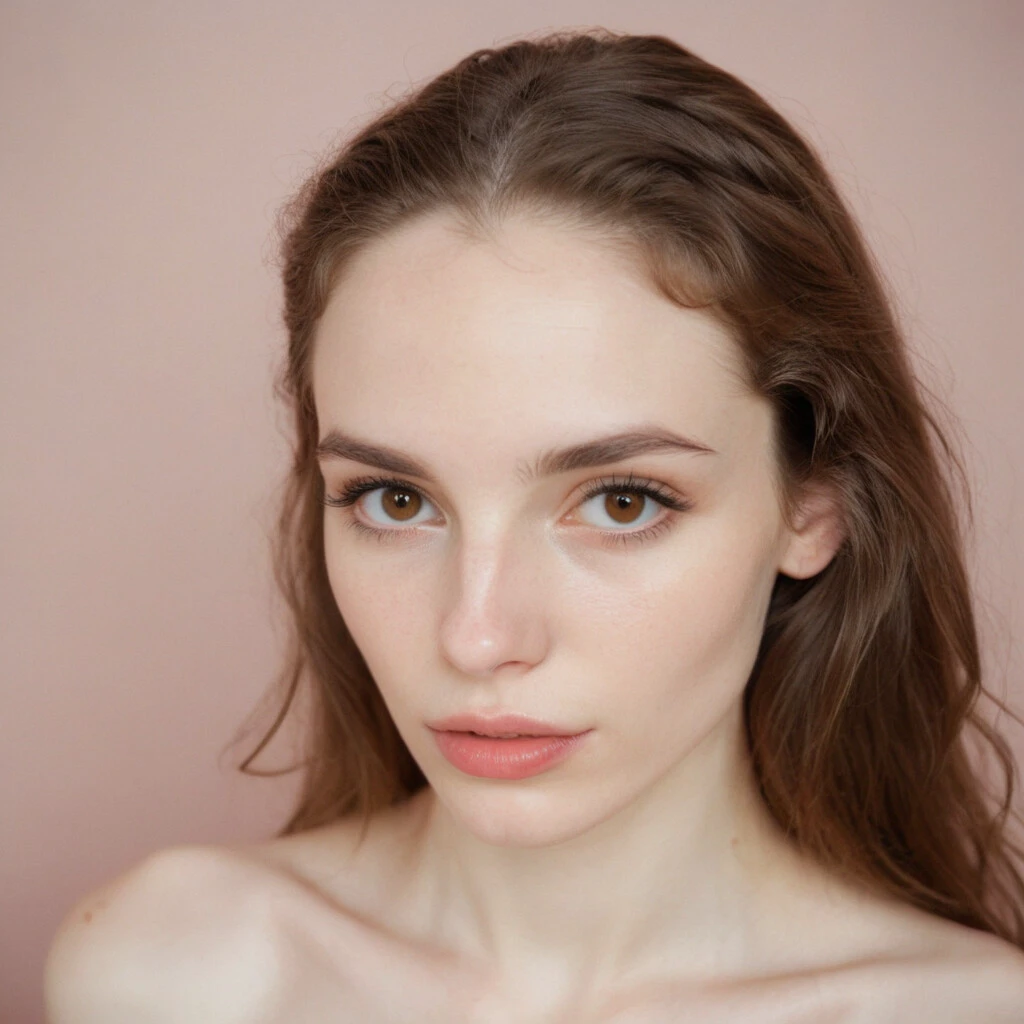 pale++, skinny+, (wide full lips with a distinct cupid's bow). (high arched eyebrows) over (small round brown eyes):1.1, deep set eyes, brown hair, 35mm, (detailed skin, sweat, pores, blemishes++++), kodak portra 400