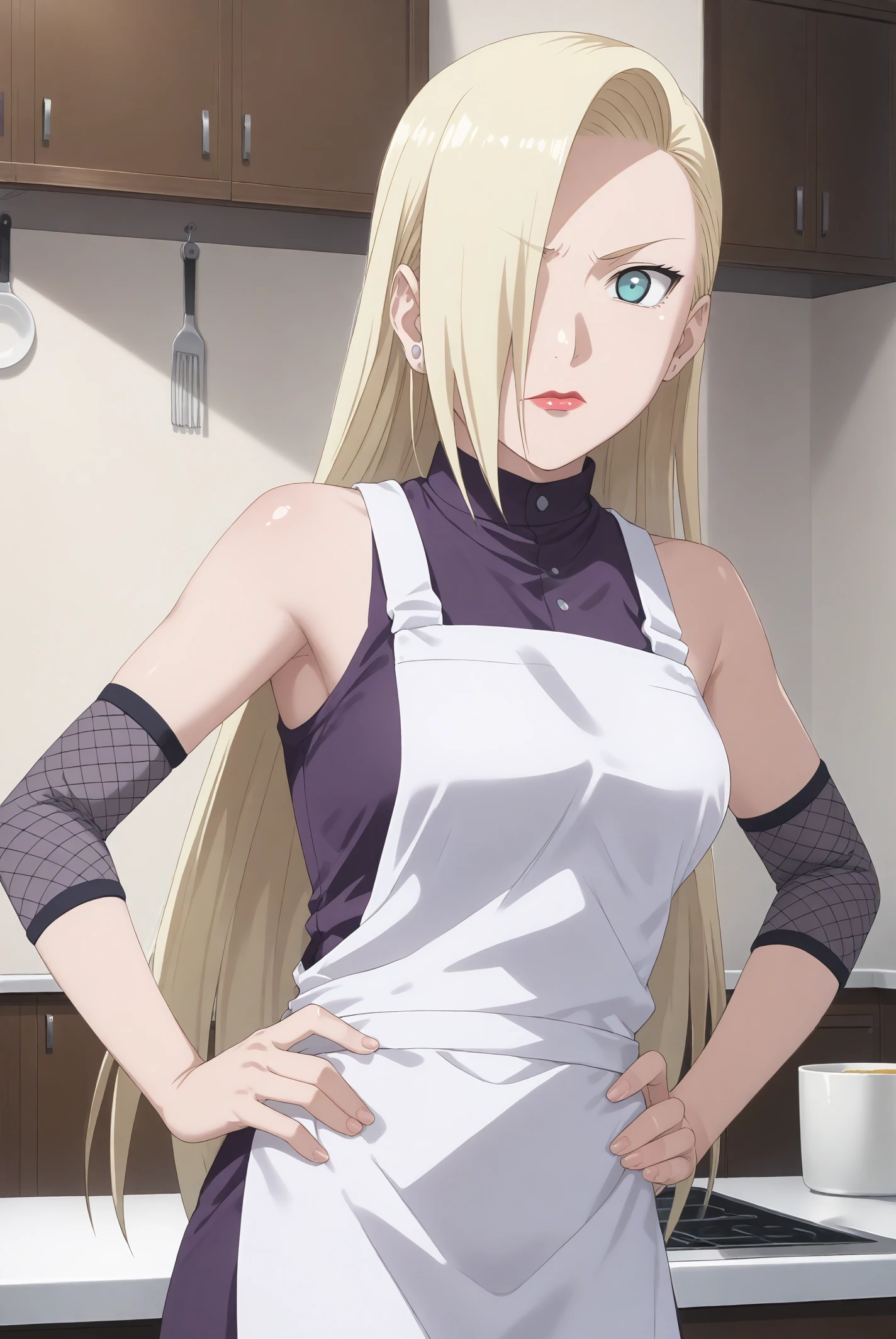 score 9, score 8 up, score 7 up, high res image, masterpiece, best quality, source anime, intricate details, anime screencap, official style, solo, 1girl, ino yamanaka, blank period, chef uniform, angry, serious, lipstick, cute face, clear skin, shiny hair, purple high-collared blouse, mesh arm warmers, white apron, indoors, kitchen, hands on hip, upper body, candid shot, looking at viewer, <lora:ino_yamanaka_pony:1>,