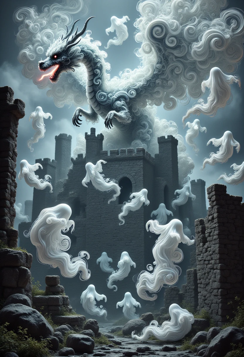 aidmafluxpro1.1, 
A dragon made of ghosts is flying over the ruins of an ancient castle. The dragon is breathing fire in the sky. The scene is foggy and surreal with swirly ghosts flying around.
masterpiece, best quality