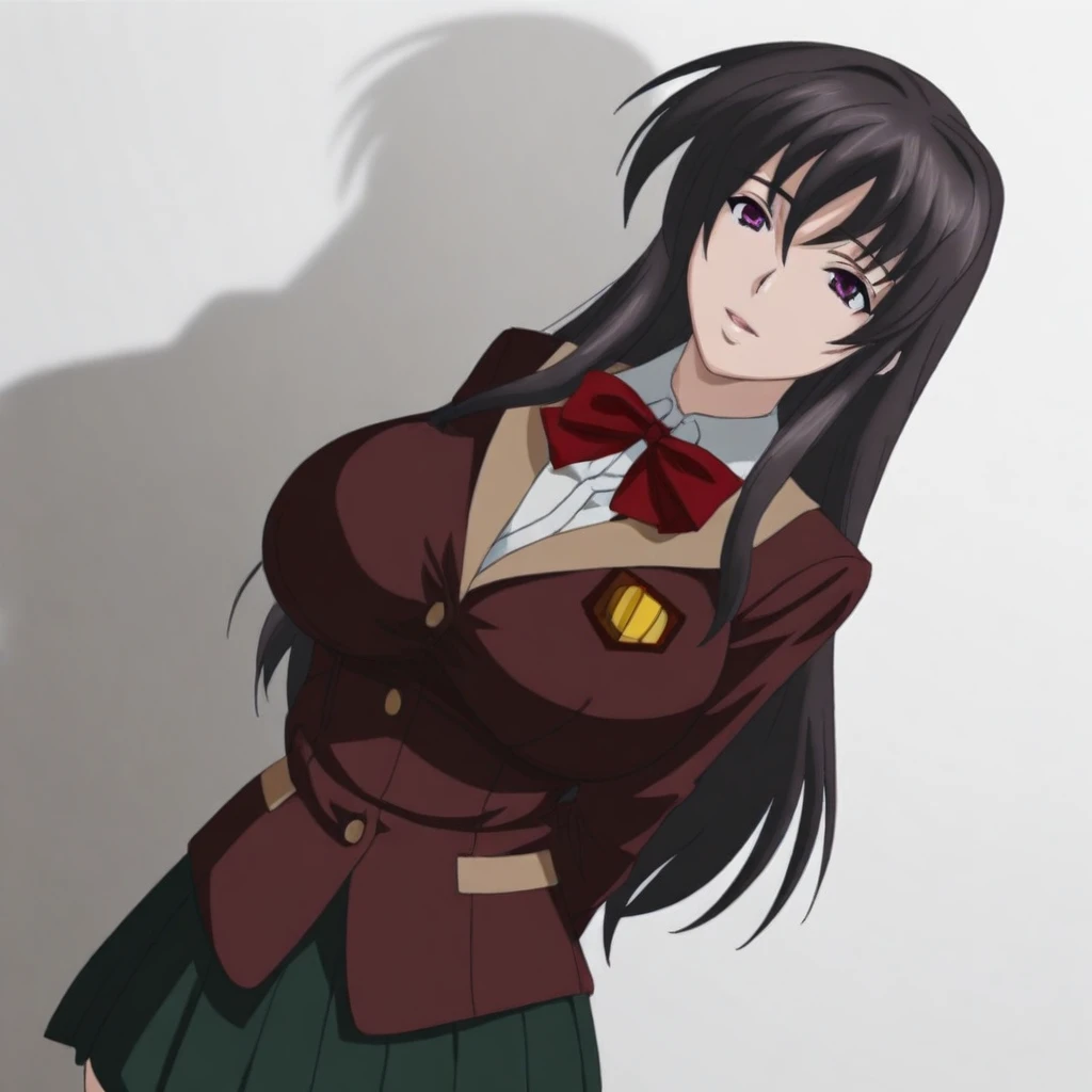 masterpiece, best quality, (high resolution), (8k), hyper-realistic and detailed lighting in 4k, highly detailed shadow contrast, extremely detailed anime style,  (1girl, solo), Raynare, Black Hair, Long Hair, crossed bangs, purple eyes, huge breast, curvy, wide hips, school uniform, maroon blazer, gold buttons, white shirt underneath, red ribbon tie, green skirt with gold trim, knee-high white socks, brown shoes, school emblem on blazer, long sleeves, Dutch angle, cowboy shot, shinny body, white background, hands behind back  ,