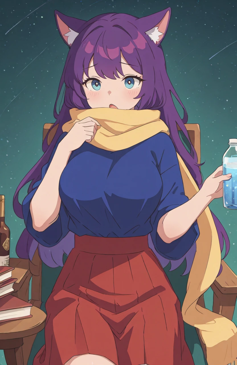 best quality, amazing quality, perfect image, very aesthetic, absurdres, newest
1girl, solo, beautiful woman, breasts, fully clothed
 <lora:arcadia_illustrious:1> arcadia
scarf, blue shirt, chair, purple hair, animal ears, red skirt, star (sky), skirt, green background, bottle, book