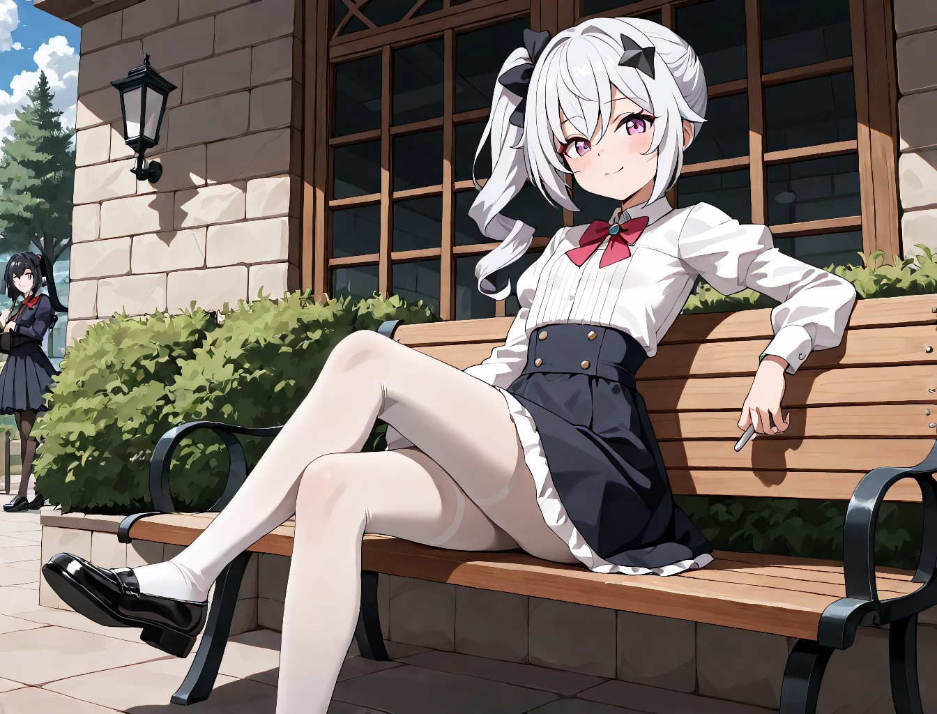 (masterpiece) ,best quality,amazing quality,very aesthetic,absurdres,newest, highres, anime style, BREAK YG_Senya, sitting on bench, crossed legs